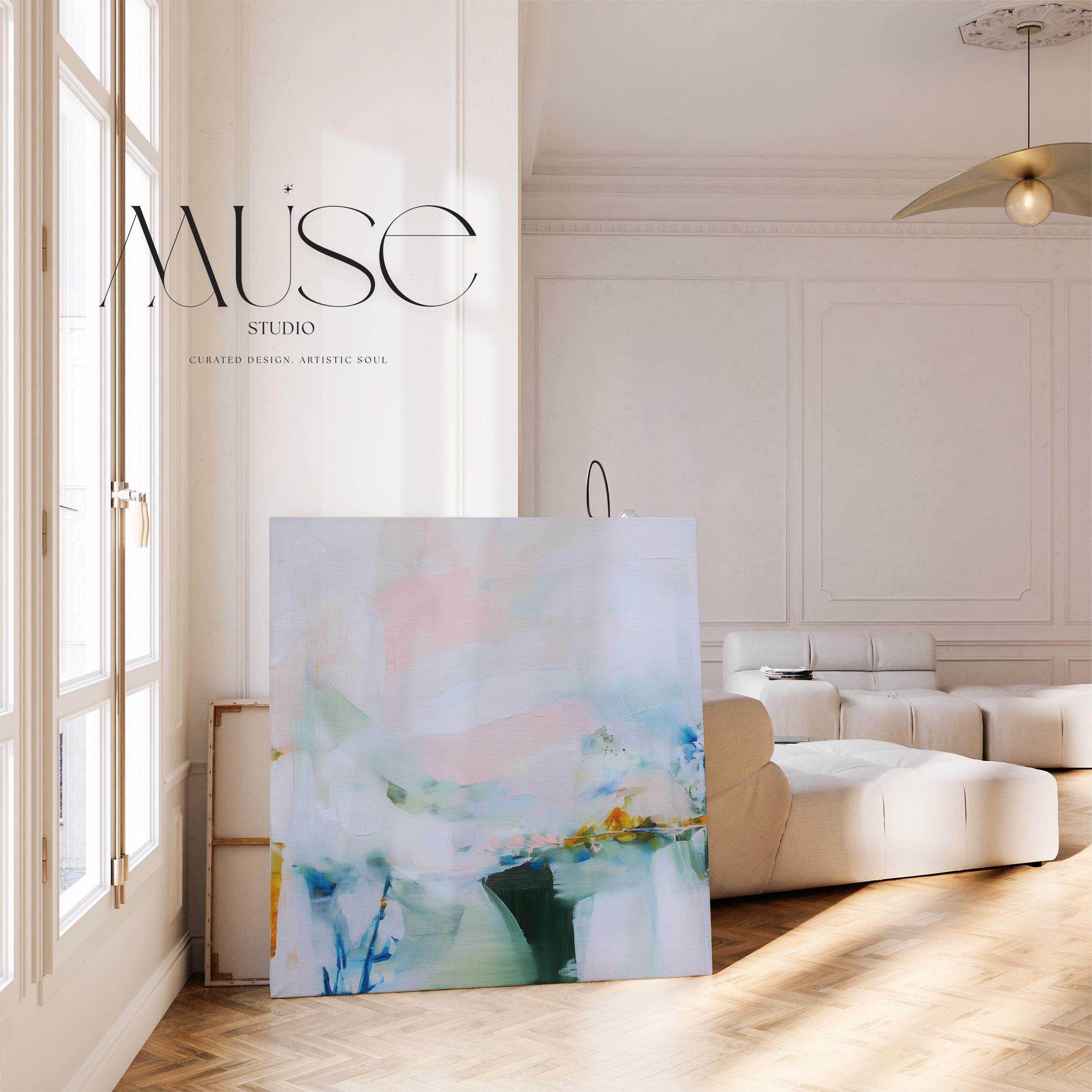 Muse Studio large abstract canvas wall art featuring blush, misted blue, soft sage, deep teal, and warm ochre accents, printed with museum-quality giclée inks on premium artist-grade gallery-wrapped canvas, styled above a linen bed in a calm organic transitional bedroom with natural wood and textured neutral decor.