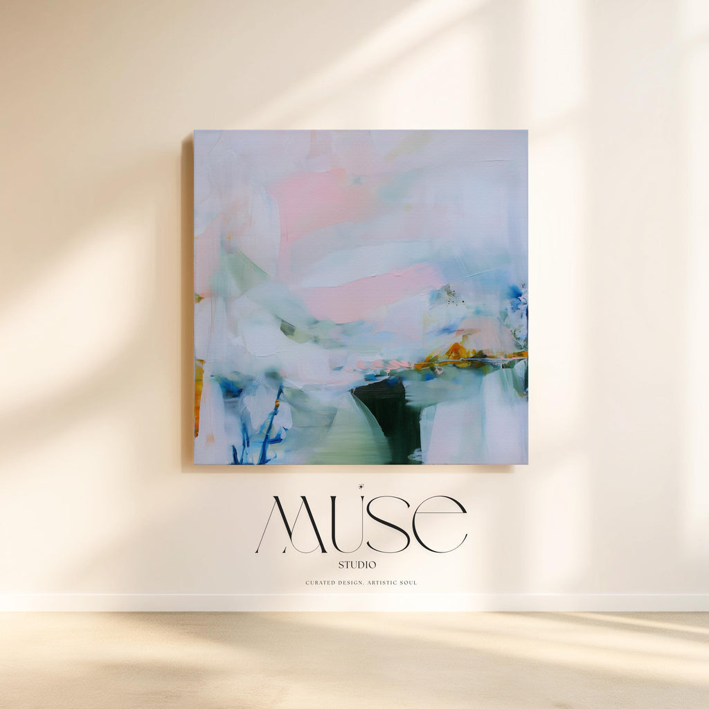 Muse Studio large abstract canvas wall art featuring blush, misted blue, soft sage, deep teal, and warm ochre accents, printed with museum-quality giclée inks on premium artist-grade gallery-wrapped canvas, styled above a linen bed in a calm organic transitional bedroom with natural wood and textured neutral decor.