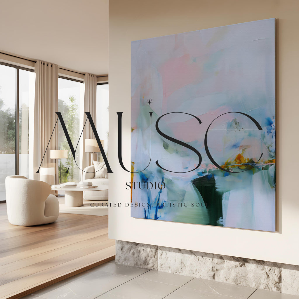 Muse Studio large abstract canvas wall art featuring blush, misted blue, soft sage, deep teal, and warm ochre accents, printed with museum-quality giclée inks on premium artist-grade gallery-wrapped canvas, styled above a linen bed in a calm organic transitional bedroom with natural wood and textured neutral decor.