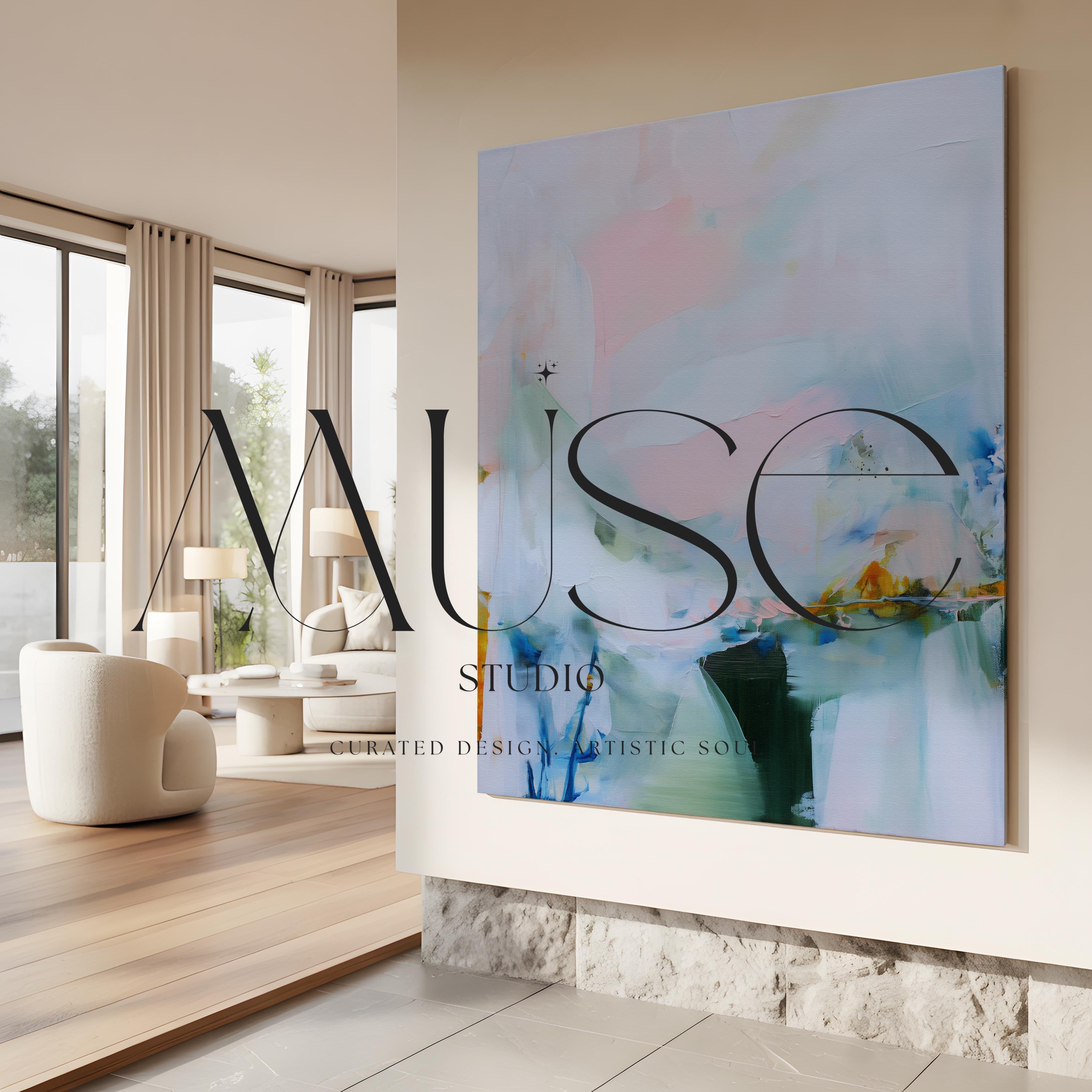 Muse Studio large abstract canvas wall art featuring blush, misted blue, soft sage, deep teal, and warm ochre accents, printed with museum-quality giclée inks on premium artist-grade gallery-wrapped canvas, styled above a linen bed in a calm organic transitional bedroom with natural wood and textured neutral decor.
