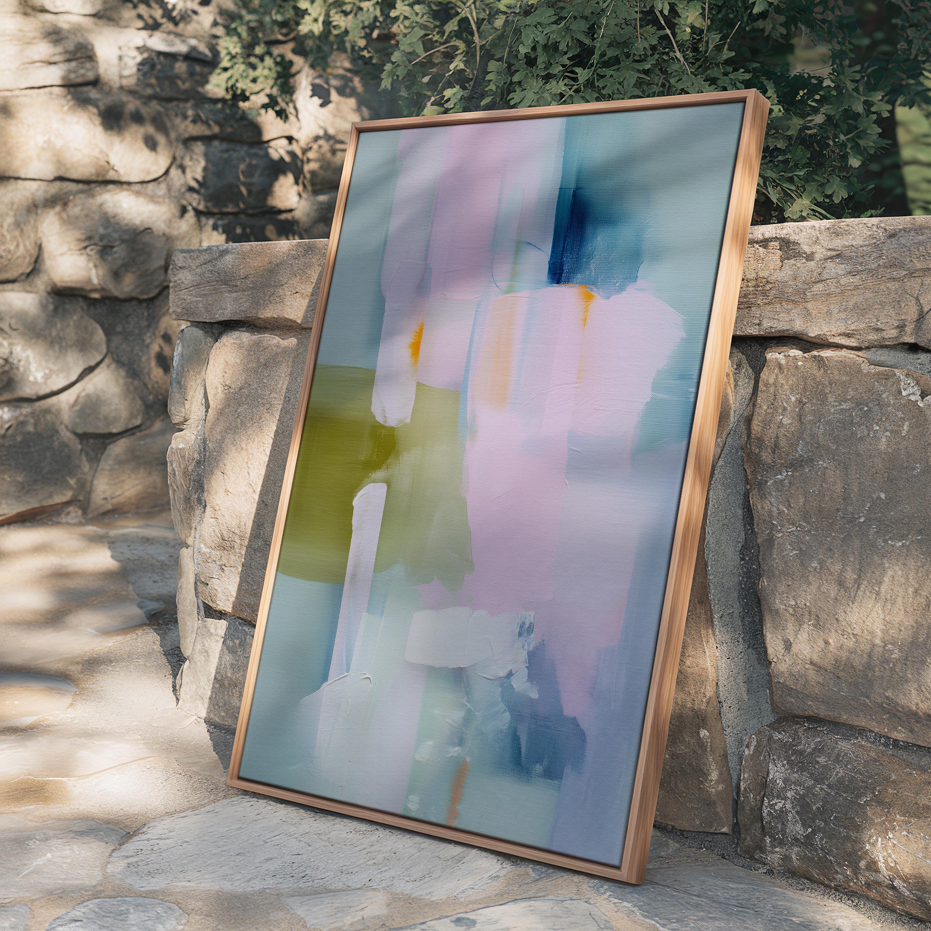 Muse Studio framed abstract wall art titled Soft Sonata 1043 in blush, sage, lilac, and misted blue, printed with museum-grade giclée inks on premium gallery-wrapped canvas in a natural wood float frame, styled vertically in a serene organic transitional bedroom and spa-inspired bathroom with warm oak and soft neutral textiles.