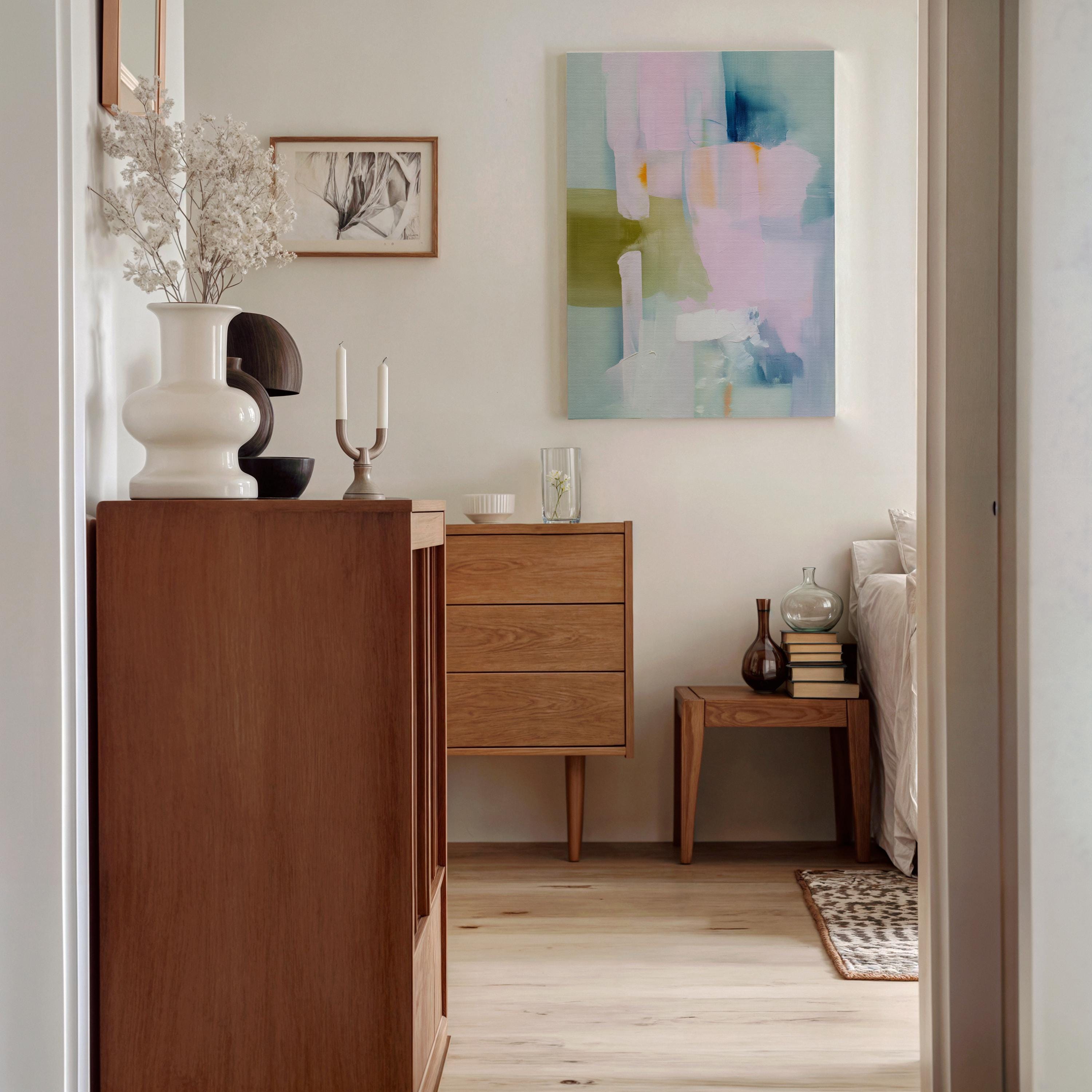 Muse Studio large vertical abstract canvas wall art printed with museum-grade giclée inks on premium gallery-wrapped canvas, featuring blush and sage pastel tones in an Organic Transitional style, styled above a bed in a serene coastal bedroom.