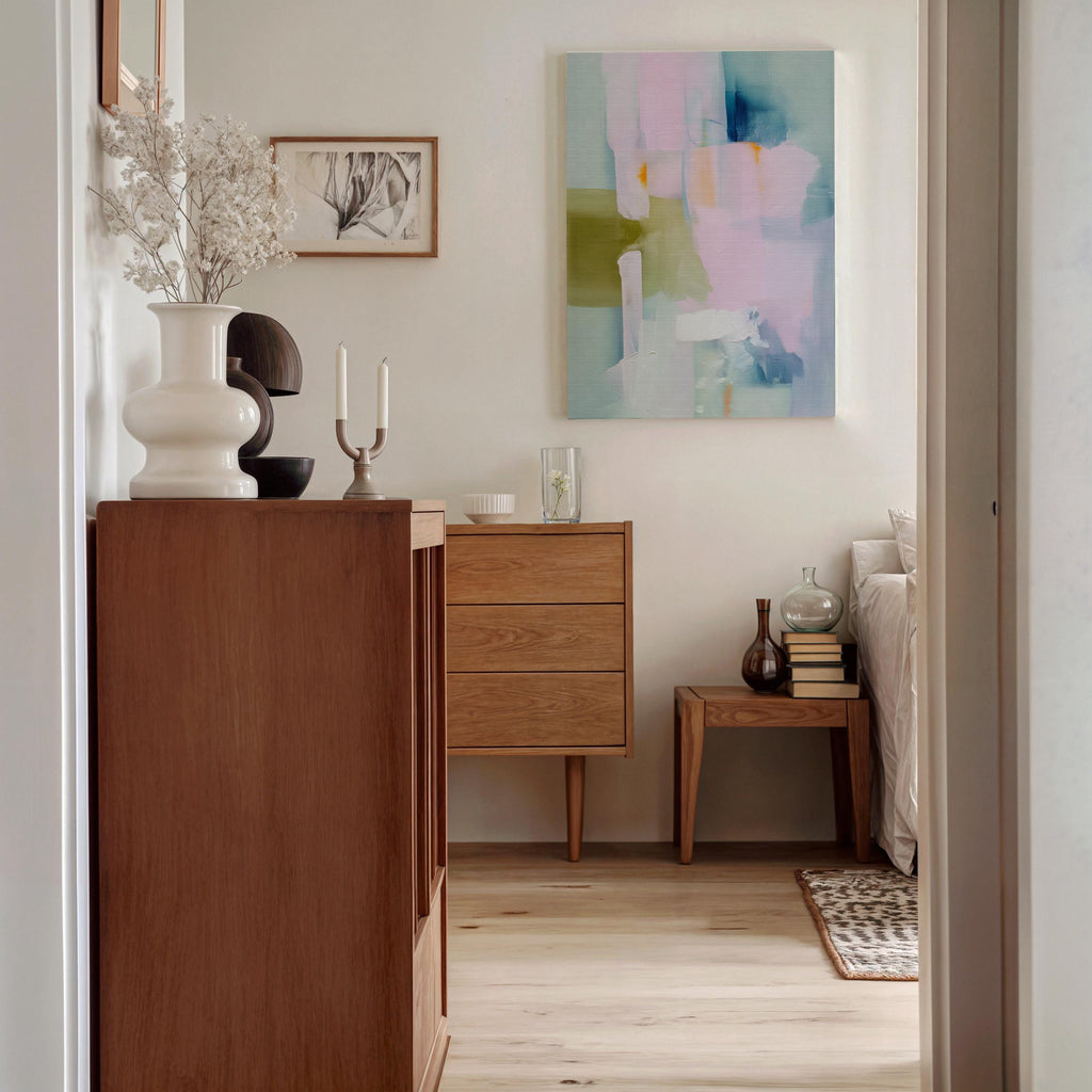 Muse Studio large vertical abstract canvas wall art printed with museum-grade giclée inks on premium gallery-wrapped canvas, featuring blush and sage pastel tones in an Organic Transitional style, styled above a bed in a serene coastal bedroom.