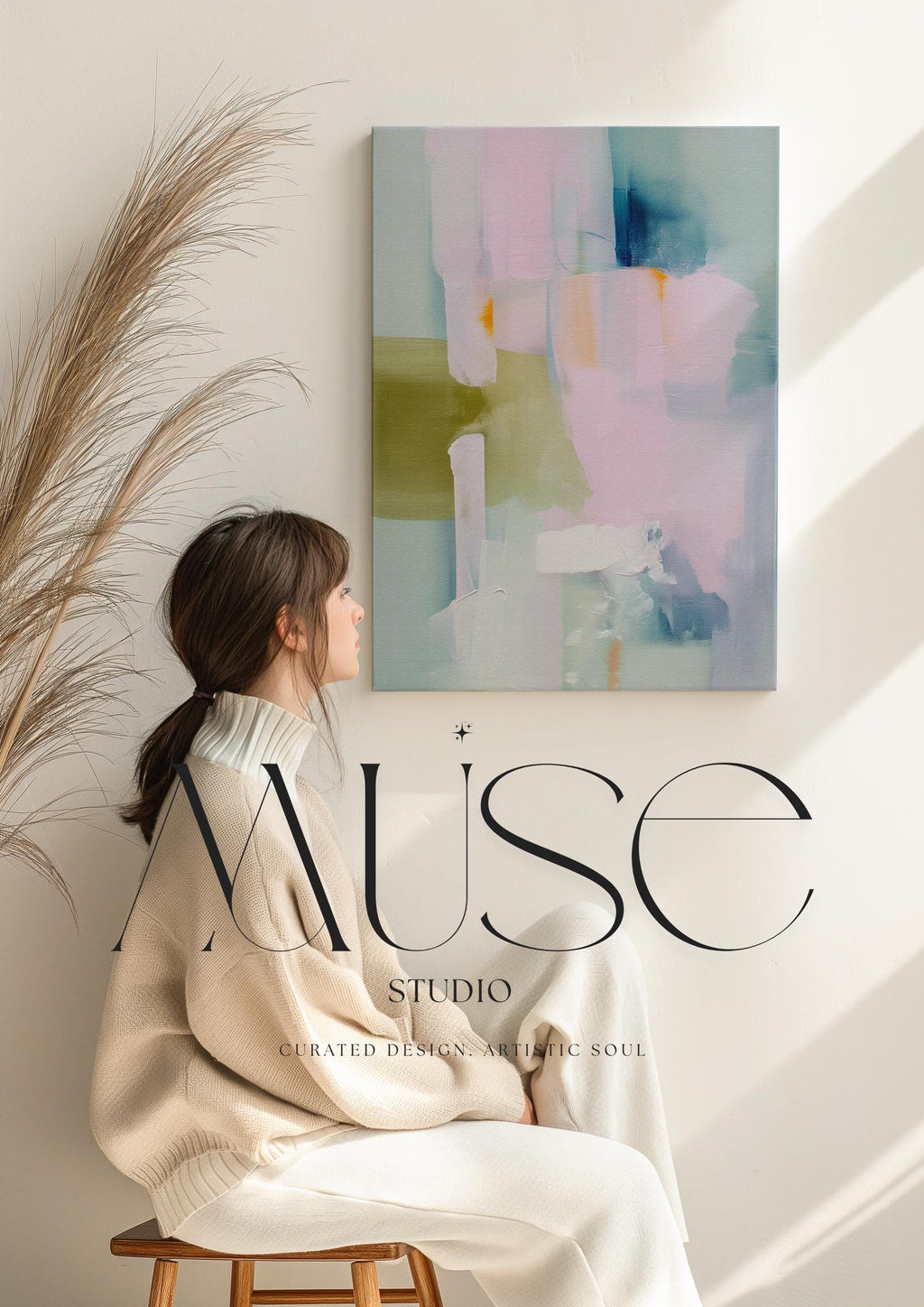 Large Vertical Abstract Canvas Wall Art in Blush Pink, Lavender, Sage Green and Soft Blue Pastel · Modern Neutral Abstract Painting for Bedroom, Living Room or Office · Premium Artist Canvas Printed with Museum-Grade Giclée Inks · Ready to Hang Statement Wall Decor · Muse Studio Soft Sonata 1043