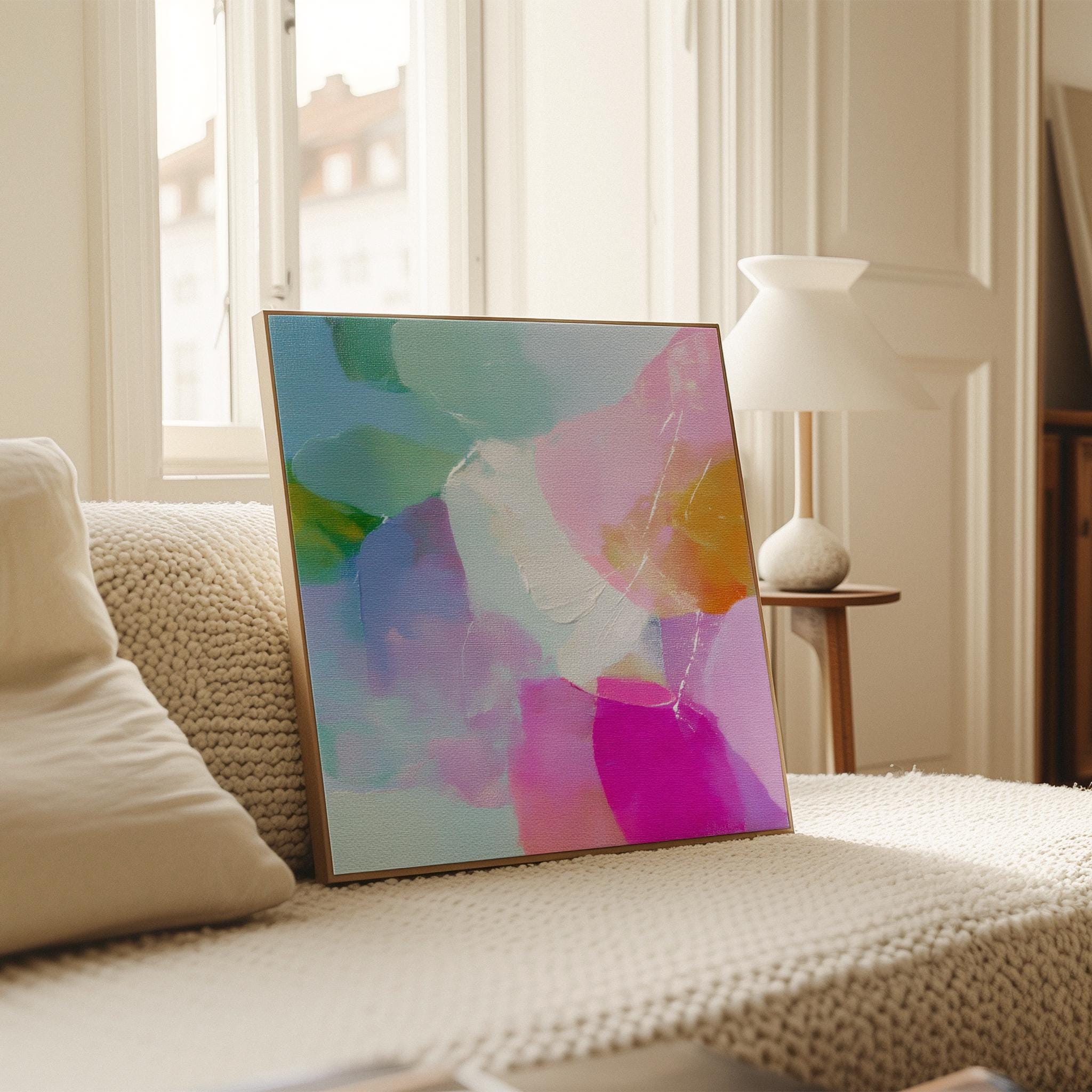 Muse Studio large square abstract canvas wall art printed with museum-grade giclée inks on premium gallery-wrapped canvas, featuring blush and aqua pastel tones in a Soft Contemporary Pastel style, styled above a bed in a serene bedroom.