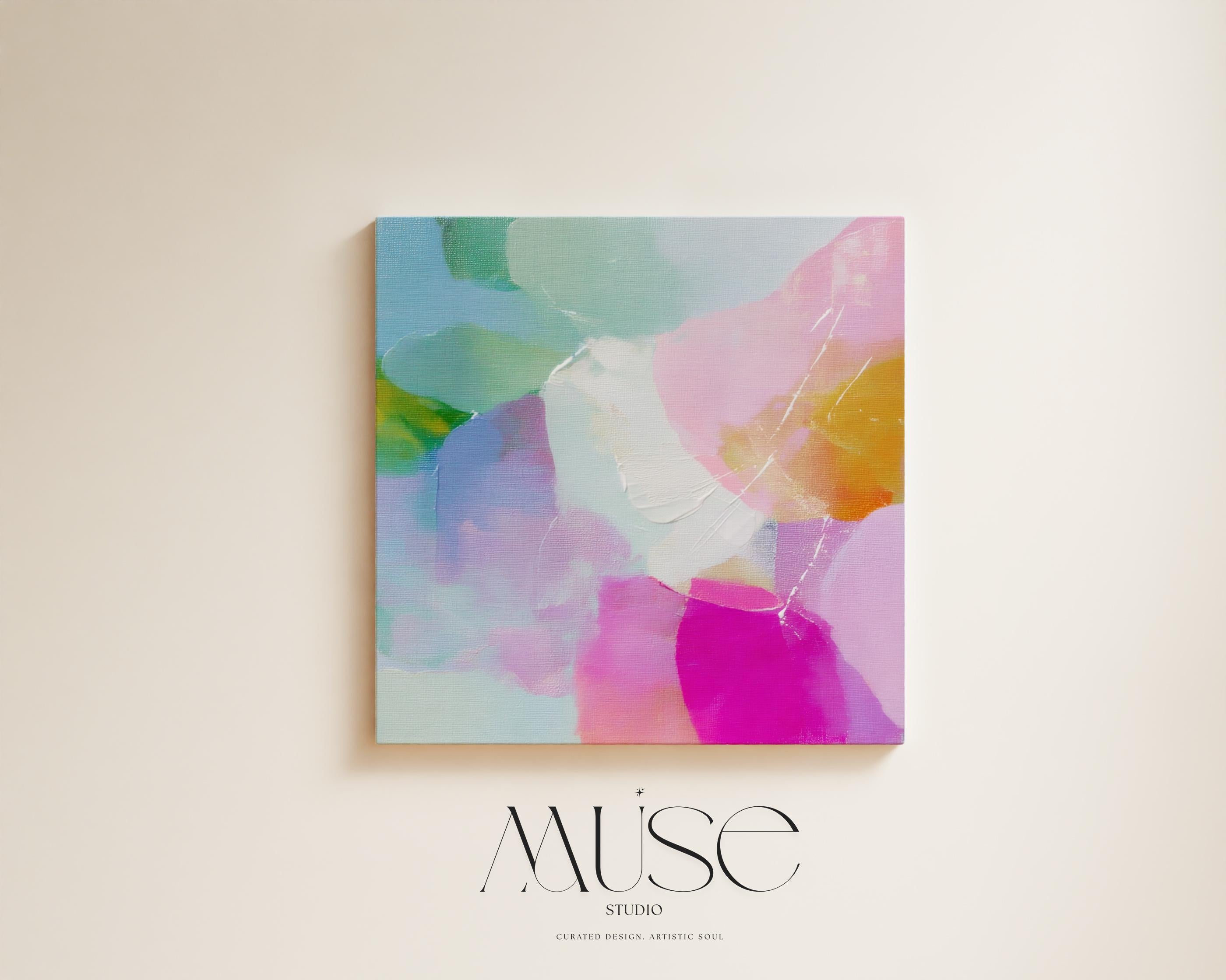Muse Studio large square abstract canvas wall art printed with museum-grade giclée inks on premium gallery-wrapped canvas, featuring blush and aqua pastel tones in a Soft Contemporary Pastel style, styled above a bed in a serene bedroom.