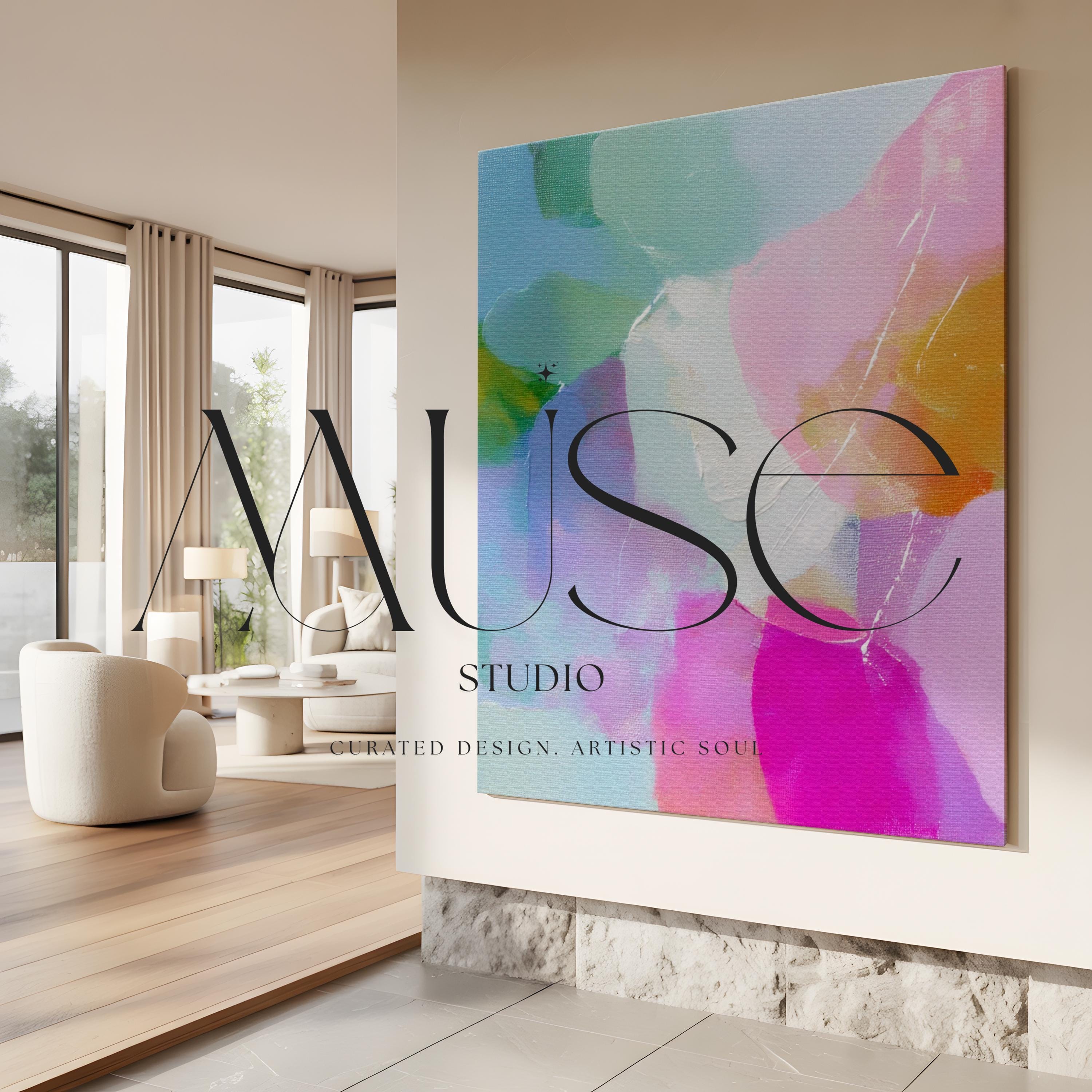 Spring Sonata No. 206 by Muse Studio & Co. bright pastel abstract canvas wall art in pink, teal and cream tones printed with museum-grade giclée inks on premium gallery-wrapped artist canvas, colorful modern artwork styled in a nursery and playful living room with optional custom float frames in natural, white, black, antique gold or antique silver.