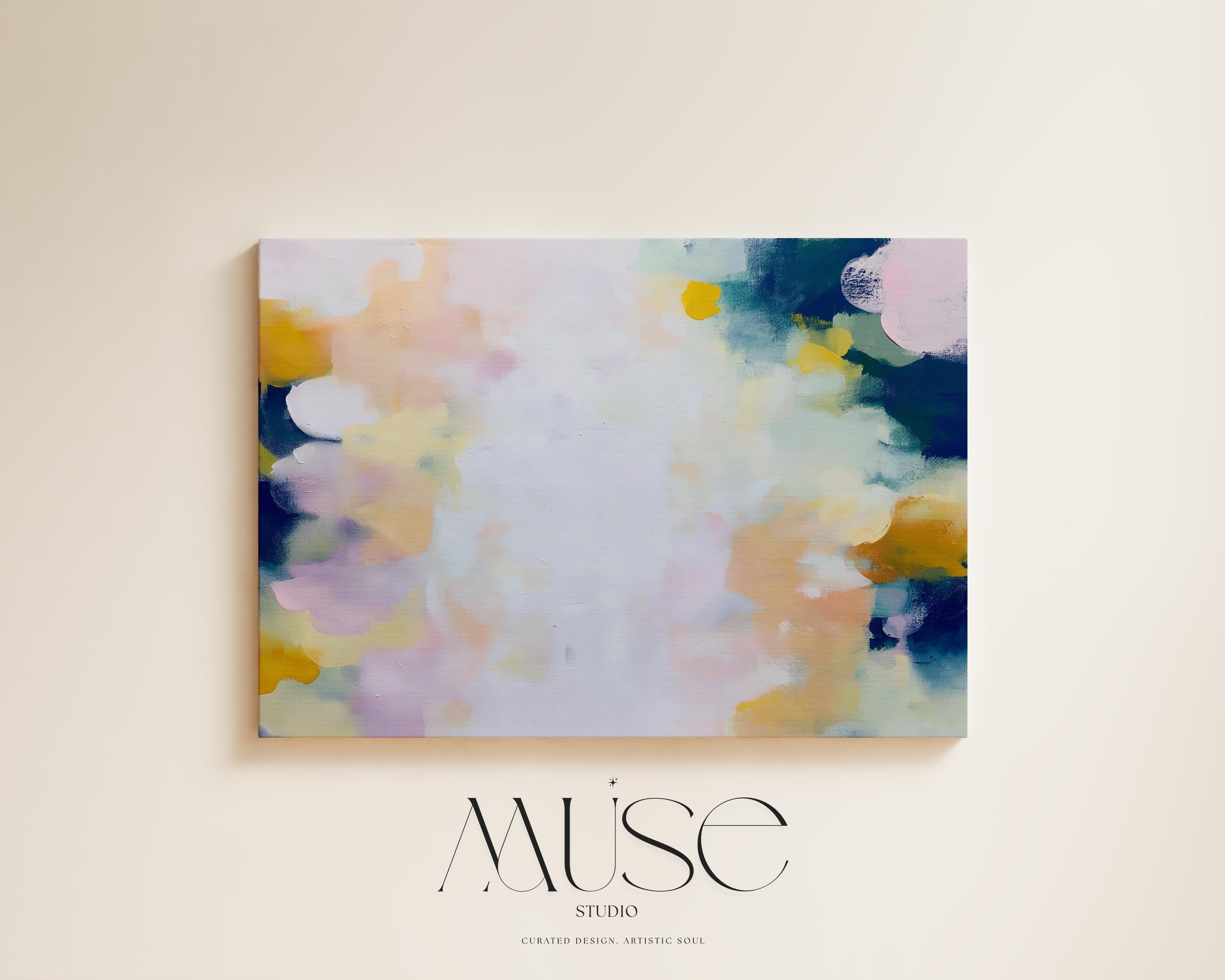 Muse Studio large horizontal abstract canvas wall art printed with museum-grade giclée inks on premium gallery-wrapped canvas, featuring blush and navy pastel tones in an Organic Transitional style, styled above a bed in a serene coastal bedroom.