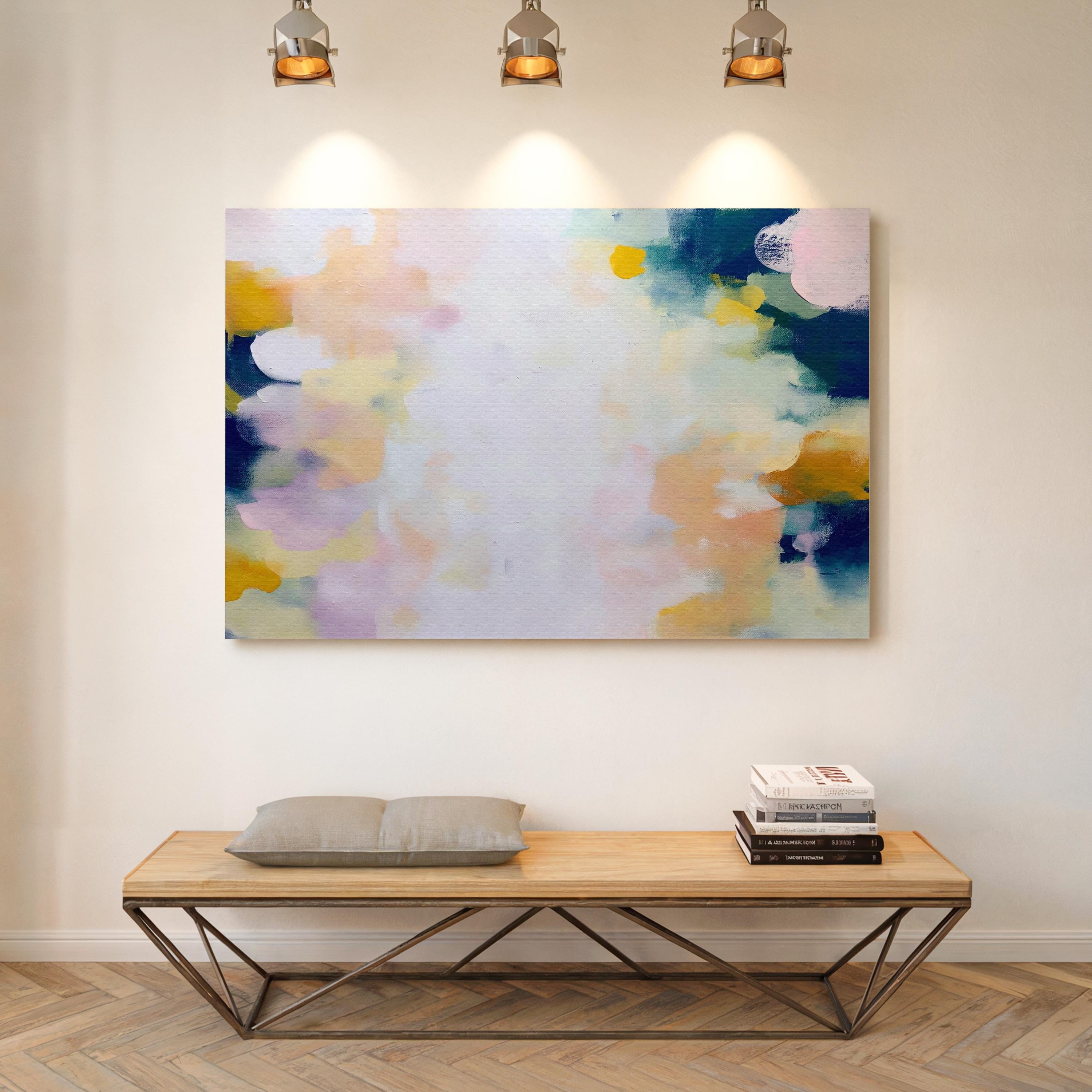 Muse Studio large horizontal abstract canvas wall art printed with museum-grade giclée inks on premium gallery-wrapped canvas, featuring blush and navy pastel tones in an Organic Transitional style, styled above a bed in a serene coastal bedroom.