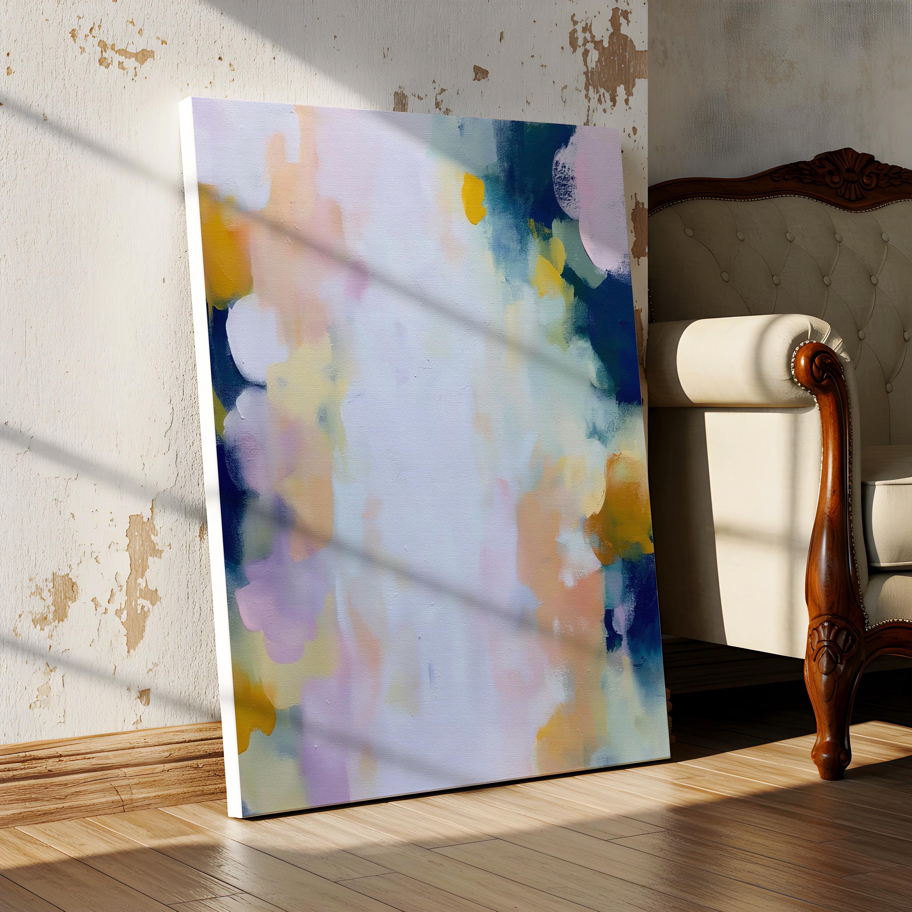 Muse Studio large vertical abstract canvas wall art printed with museum-grade giclée inks on premium gallery-wrapped canvas, featuring blush and navy pastel tones in an Organic Transitional style, styled above a dresser in a serene coastal bedroom.