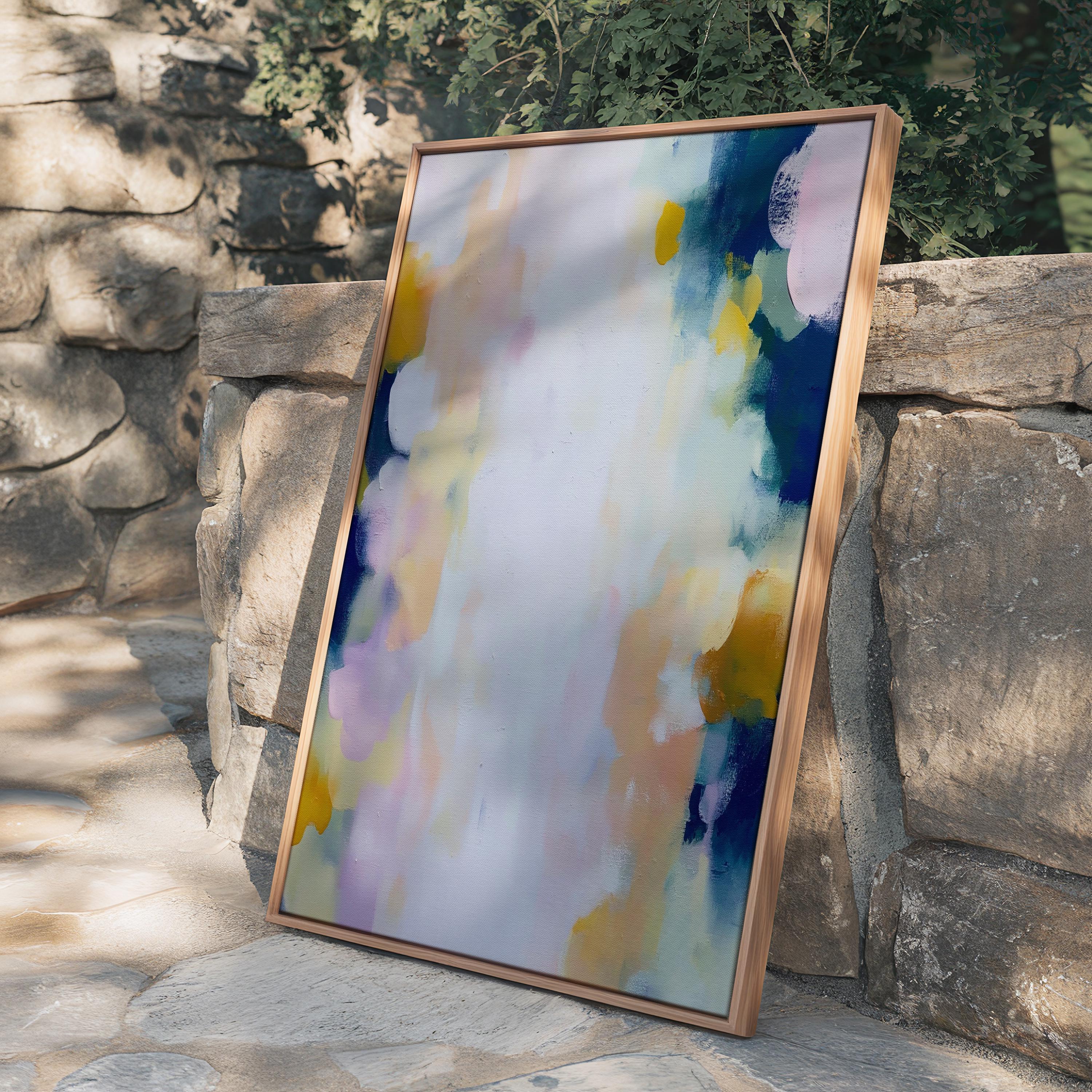 Muse Studio large vertical abstract canvas wall art printed with museum-grade giclée inks on premium gallery-wrapped canvas, featuring blush and navy pastel tones in an Organic Transitional style, styled above a dresser in a serene coastal bedroom.