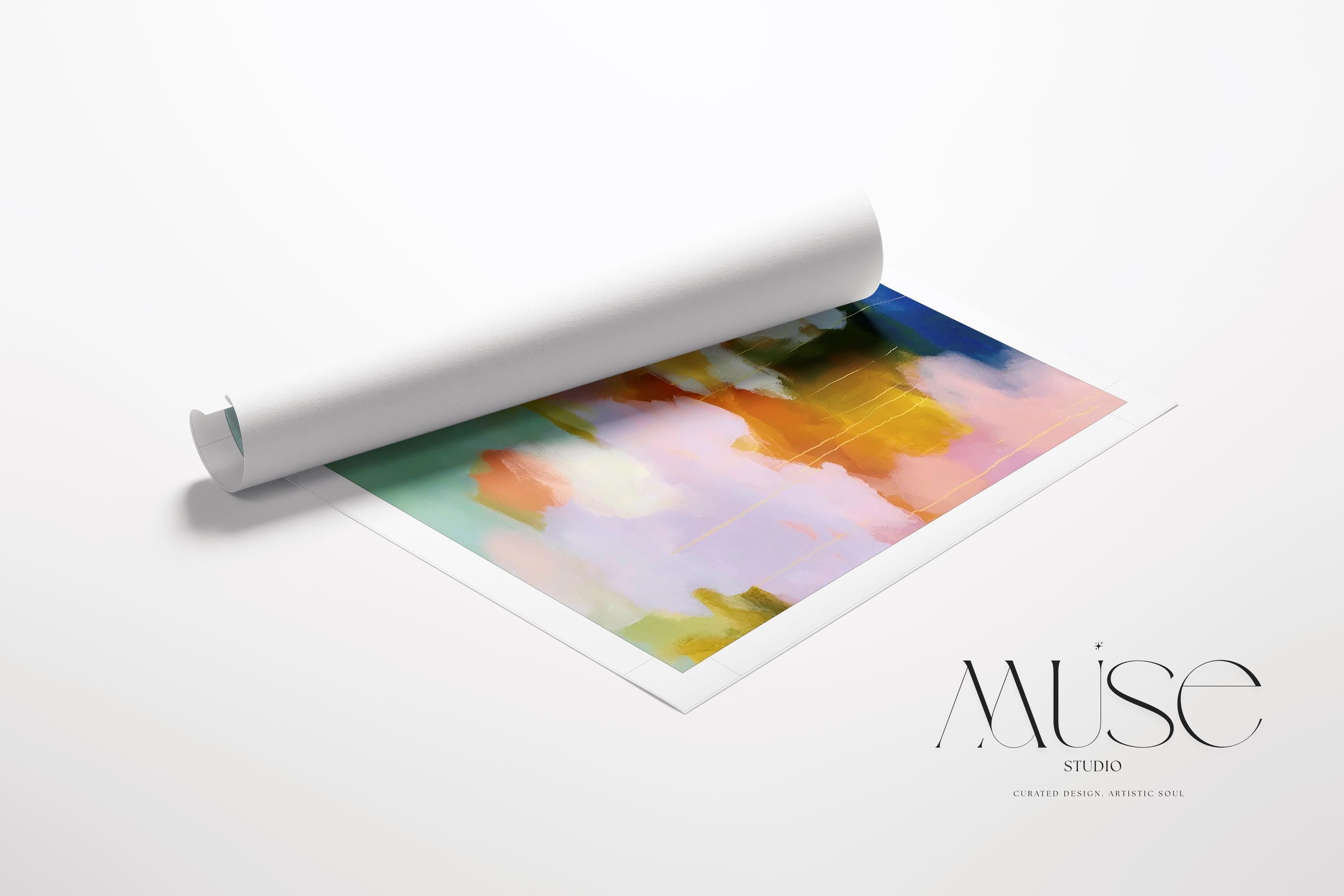 Muse Studio large horizontal abstract canvas wall art printed with museum-grade giclée inks on premium gallery-wrapped canvas, featuring blush, citrus, and navy pastel tones in a Soft Contemporary Pastel style, styled above a linen sofa in a coastal living room.