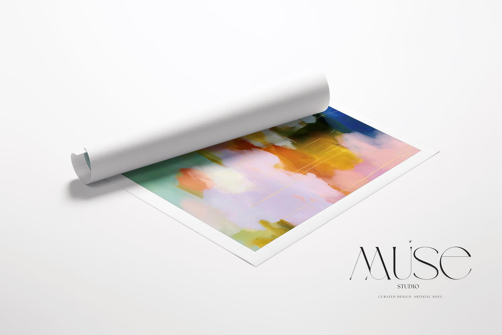 Muse Studio large horizontal abstract canvas wall art printed with museum-grade giclée inks on premium gallery-wrapped canvas, featuring blush, citrus, and navy pastel tones in a Soft Contemporary Pastel style, styled above a linen sofa in a coastal living room.