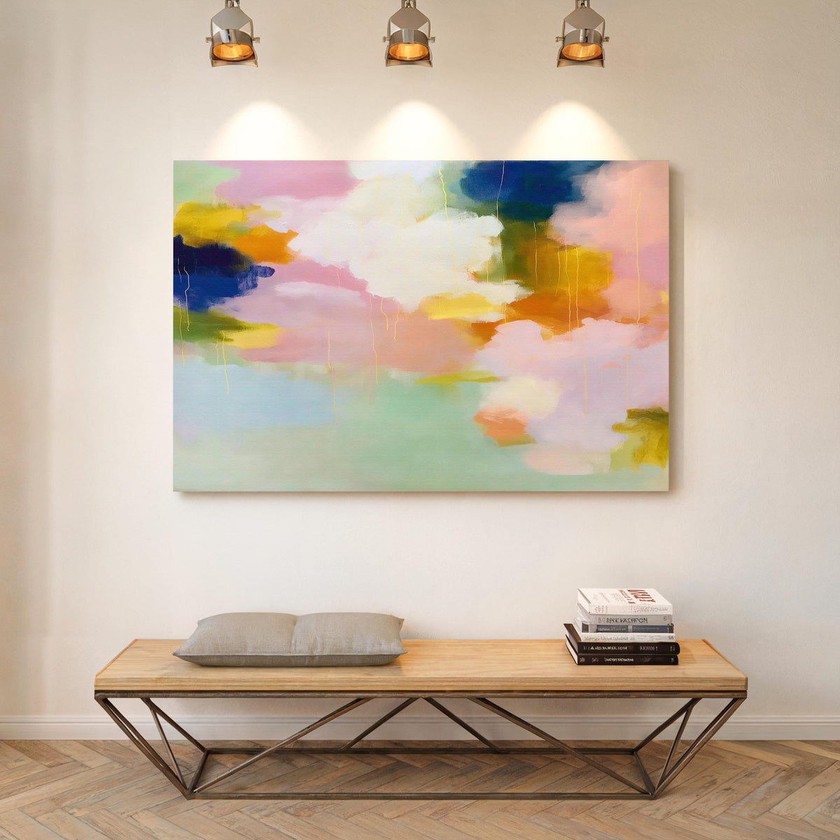 Muse Studio large horizontal abstract canvas wall art printed with museum-grade giclée inks on premium gallery-wrapped canvas, featuring blush, citrus, and navy pastel tones in a Soft Contemporary Pastel style, styled above a linen sofa in a coastal living room.
