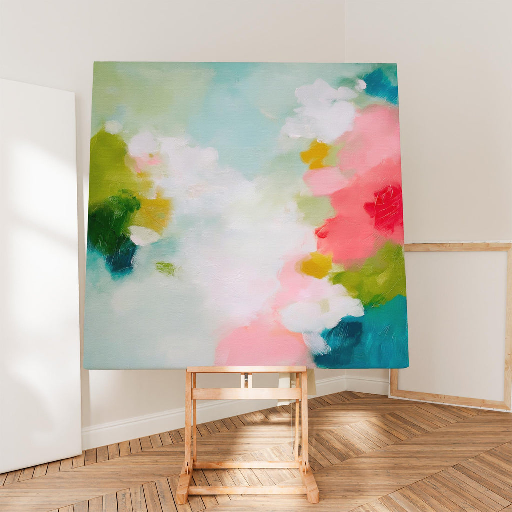 Muse Studio large square abstract canvas wall art printed with museum-grade giclée inks on premium gallery-wrapped canvas, featuring vibrant pink and aqua floral tones in a Color Pop Eclectic style, styled in a preppy dorm room above a bed.