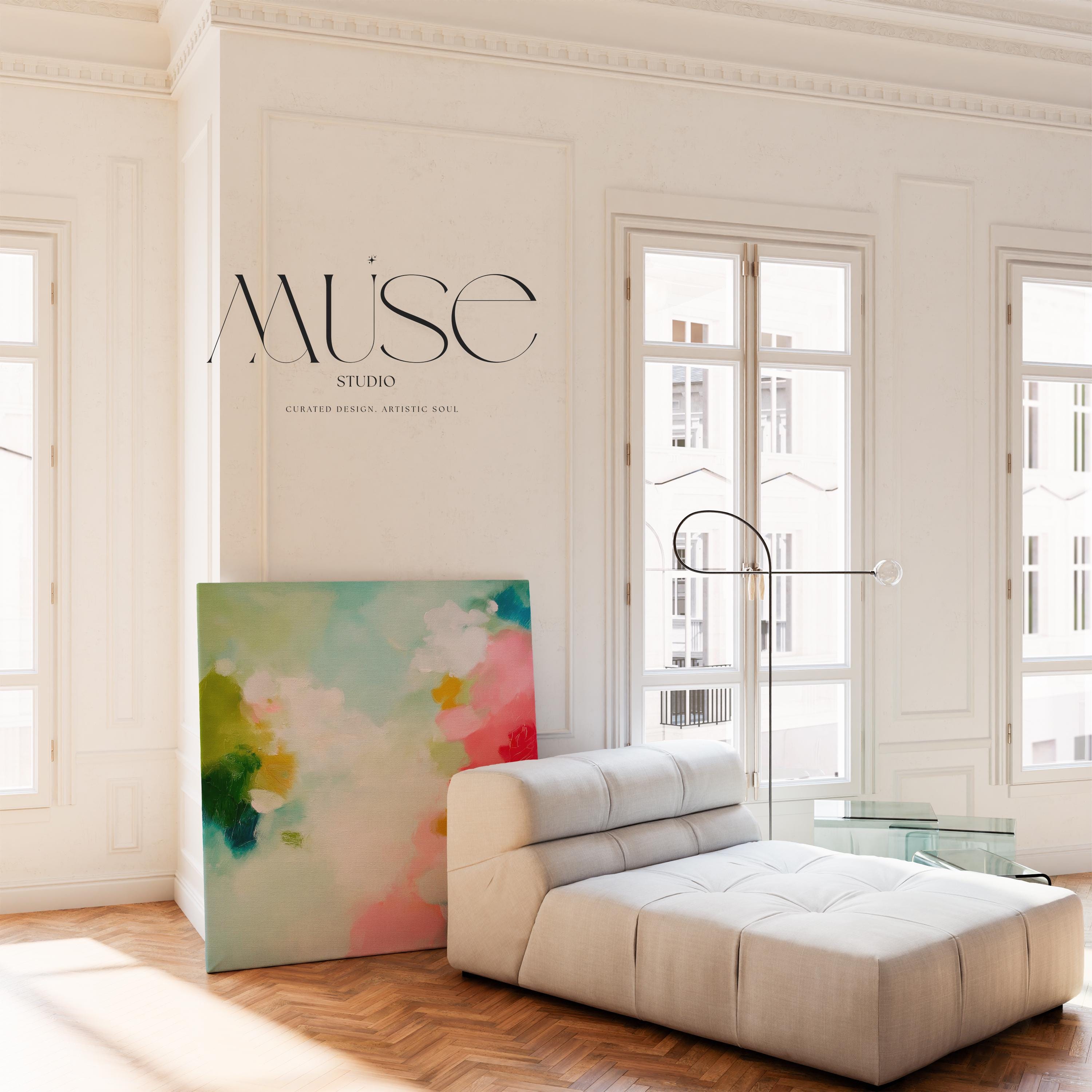 Muse Studio large square abstract canvas wall art printed with museum-grade giclée inks on premium gallery-wrapped canvas, featuring vibrant pink and aqua floral tones in a Color Pop Eclectic style, styled in a preppy dorm room above a bed.