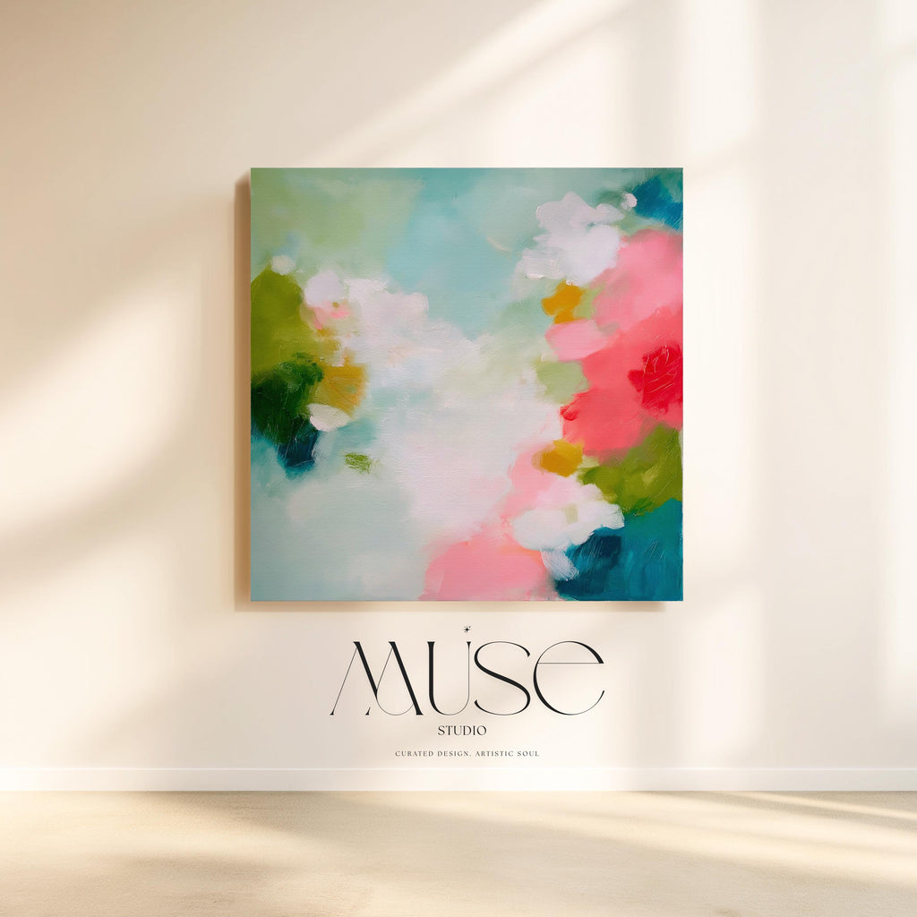Muse Studio large square abstract canvas wall art printed with museum-grade giclée inks on premium gallery-wrapped canvas, featuring vibrant pink and aqua floral tones in a Color Pop Eclectic style, styled in a preppy dorm room above a bed.