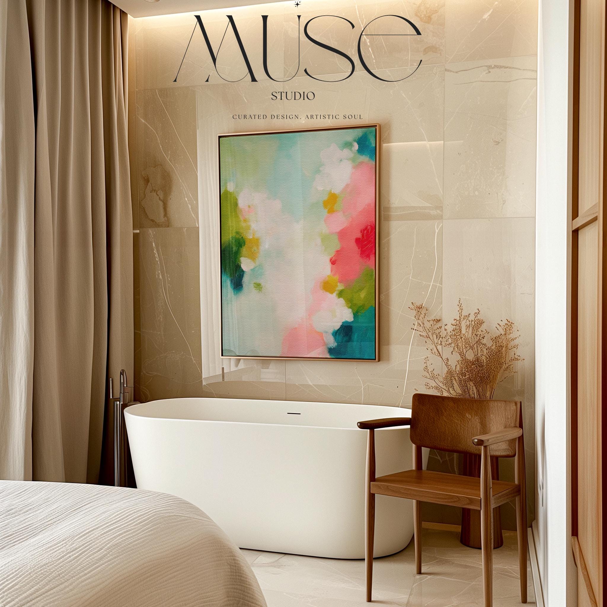 Muse Studio large vertical framed abstract wall art printed with museum-grade giclée inks on premium gallery-wrapped canvas, featuring vibrant pink, aqua, and green floral tones in a Color Pop Eclectic style, styled above a bed in a preppy dorm room.