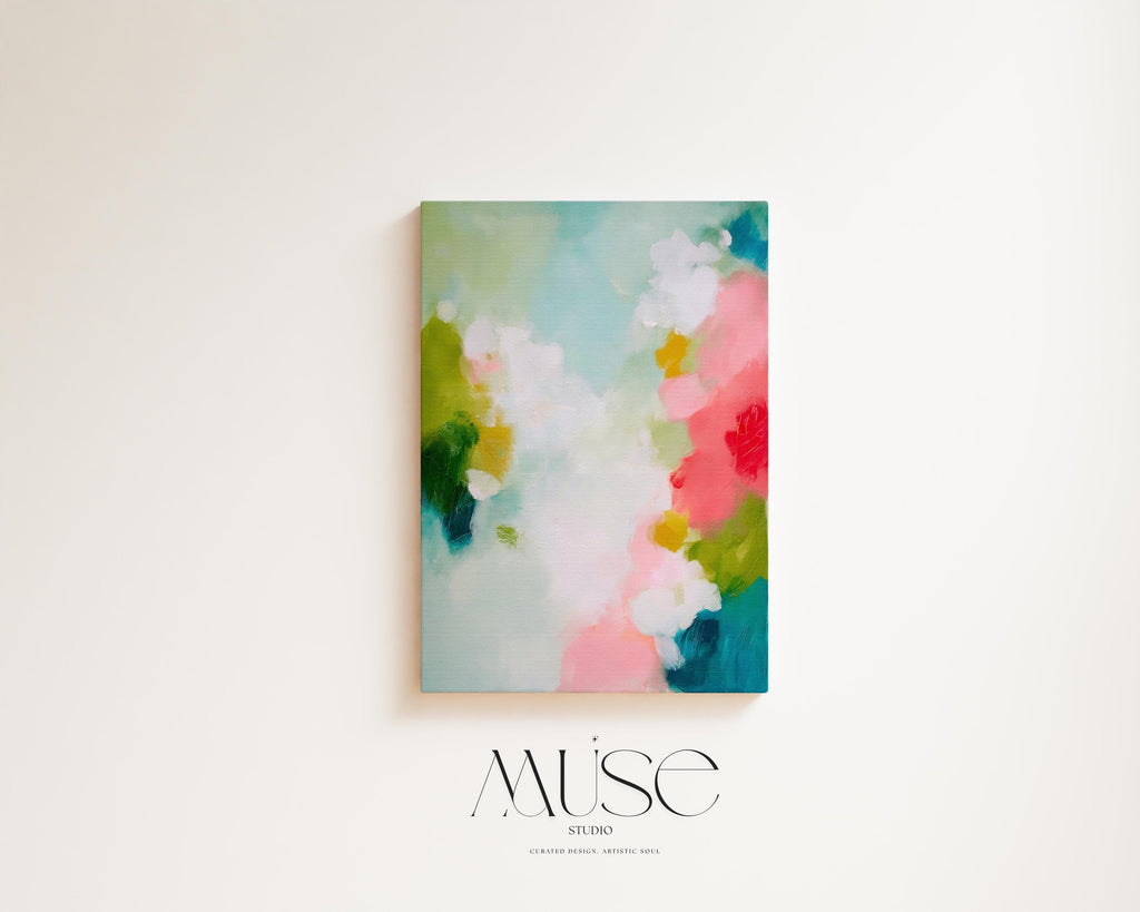Muse Studio large vertical framed abstract wall art printed with museum-grade giclée inks on premium gallery-wrapped canvas, featuring vibrant pink, aqua, and green floral tones in a Color Pop Eclectic style, styled above a bed in a preppy dorm room.