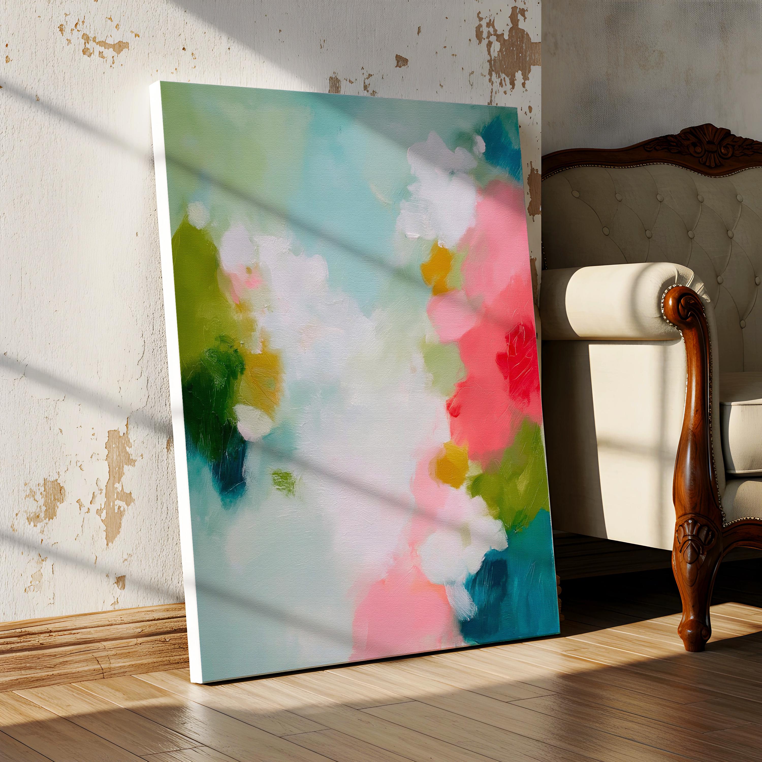 Muse Studio large vertical framed abstract wall art printed with museum-grade giclée inks on premium gallery-wrapped canvas, featuring vibrant pink, aqua, and green floral tones in a Color Pop Eclectic style, styled above a bed in a preppy dorm room.