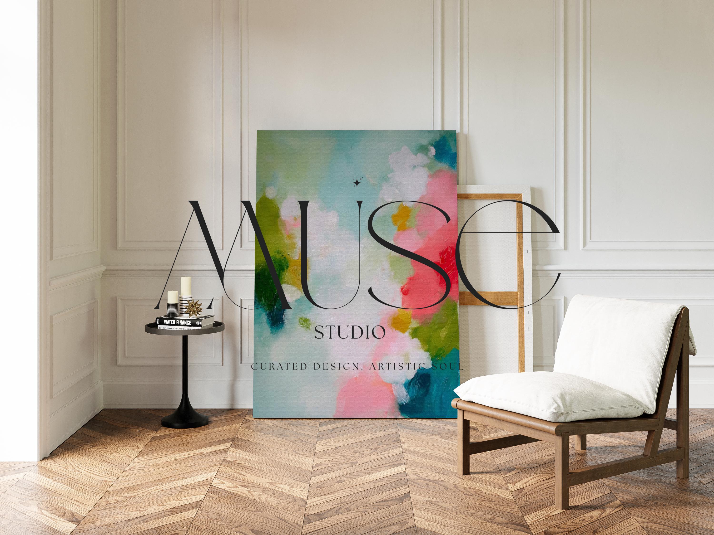 Muse Studio large vertical framed abstract wall art printed with museum-grade giclée inks on premium gallery-wrapped canvas, featuring vibrant pink, aqua, and green floral tones in a Color Pop Eclectic style, styled above a bed in a preppy dorm room.