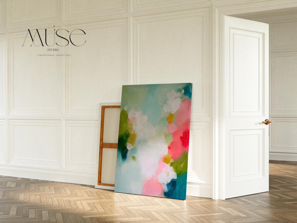 Muse Studio large vertical framed abstract wall art printed with museum-grade giclée inks on premium gallery-wrapped canvas, featuring vibrant pink, aqua, and green floral tones in a Color Pop Eclectic style, styled above a bed in a preppy dorm room.