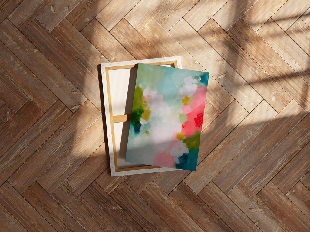 Muse Studio large vertical framed abstract wall art printed with museum-grade giclée inks on premium gallery-wrapped canvas, featuring vibrant pink, aqua, and green floral tones in a Color Pop Eclectic style, styled above a bed in a preppy dorm room.