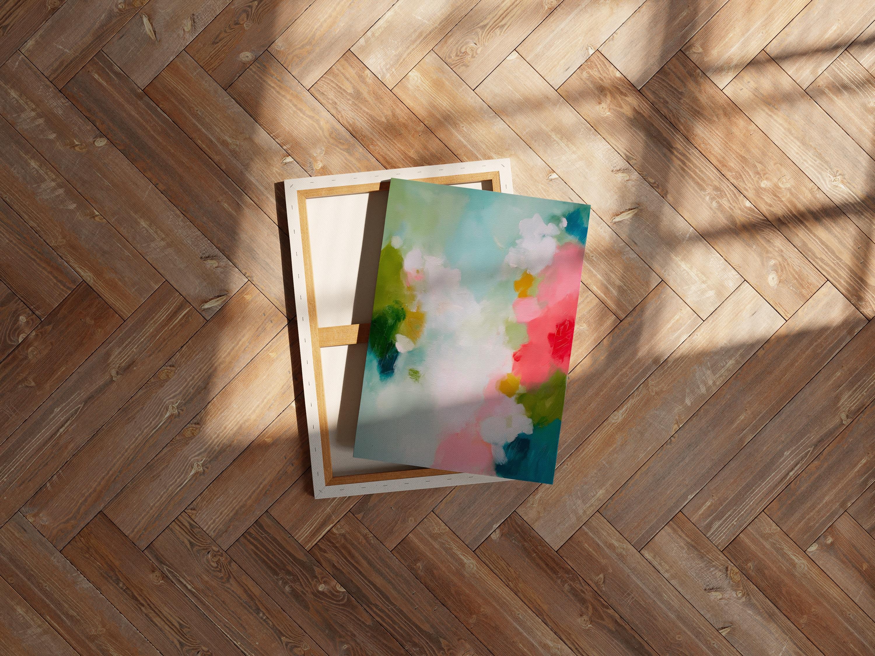 Muse Studio large vertical framed abstract wall art printed with museum-grade giclée inks on premium gallery-wrapped canvas, featuring vibrant pink, aqua, and green floral tones in a Color Pop Eclectic style, styled above a bed in a preppy dorm room.
