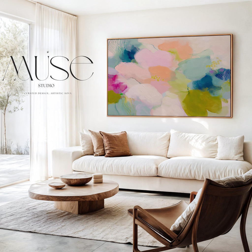 Muse Studio large framed abstract wall art on museum-grade artist canvas with fade-resistant giclée inks, framed in 100% solid wood with custom framing options in gold, silver, natural oak, black, and white, Soft Contemporary Pastel style, Petal Rhapsody 1045.