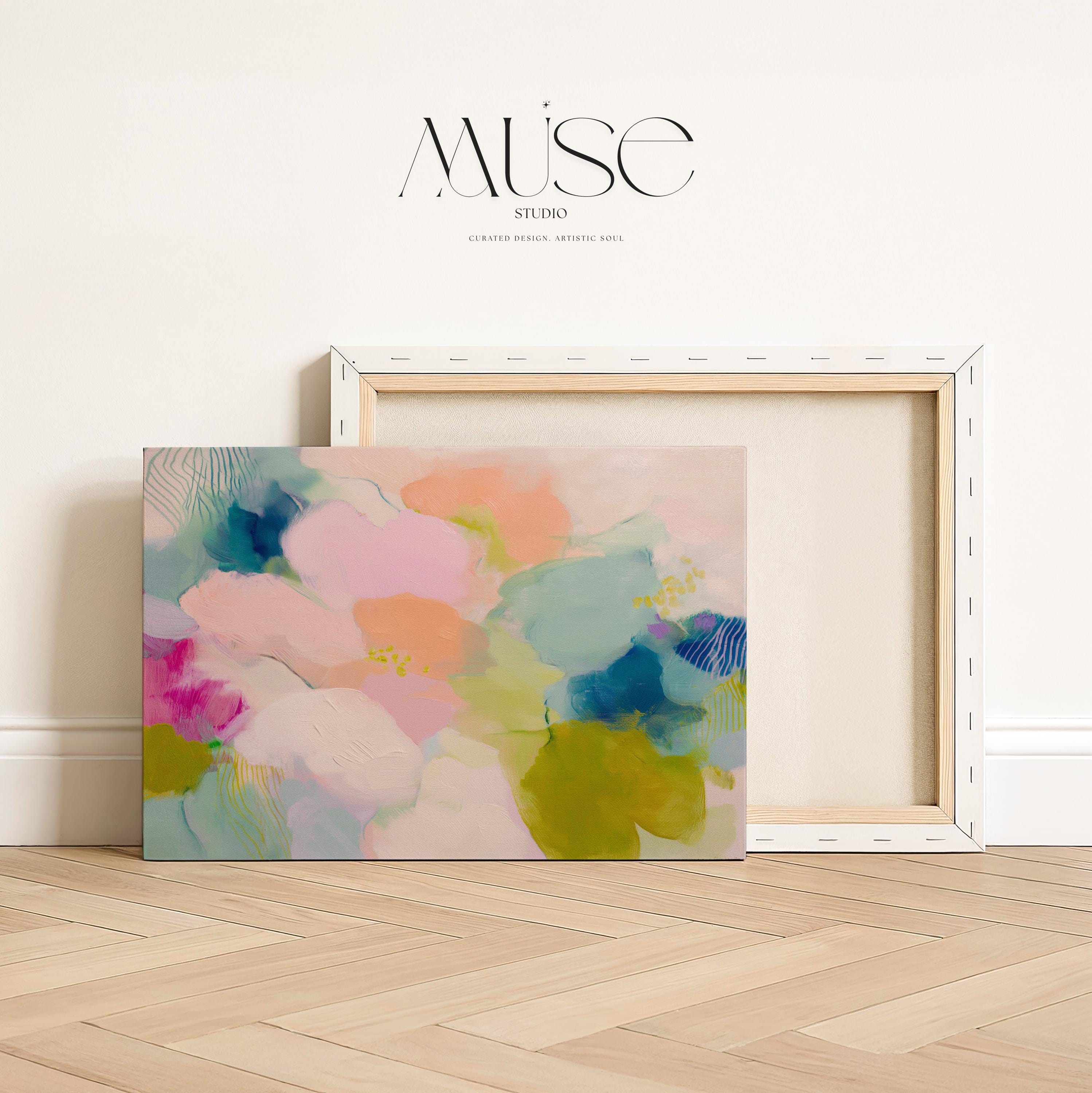 Muse Studio large floral abstract canvas wall art in blush pink, apricot peach, pale sage, muted teal, and soft chartreuse, created on premium artist canvas with museum-grade giclée inks, designed for bright bedrooms, creative home offices, and relaxed living room interiors.