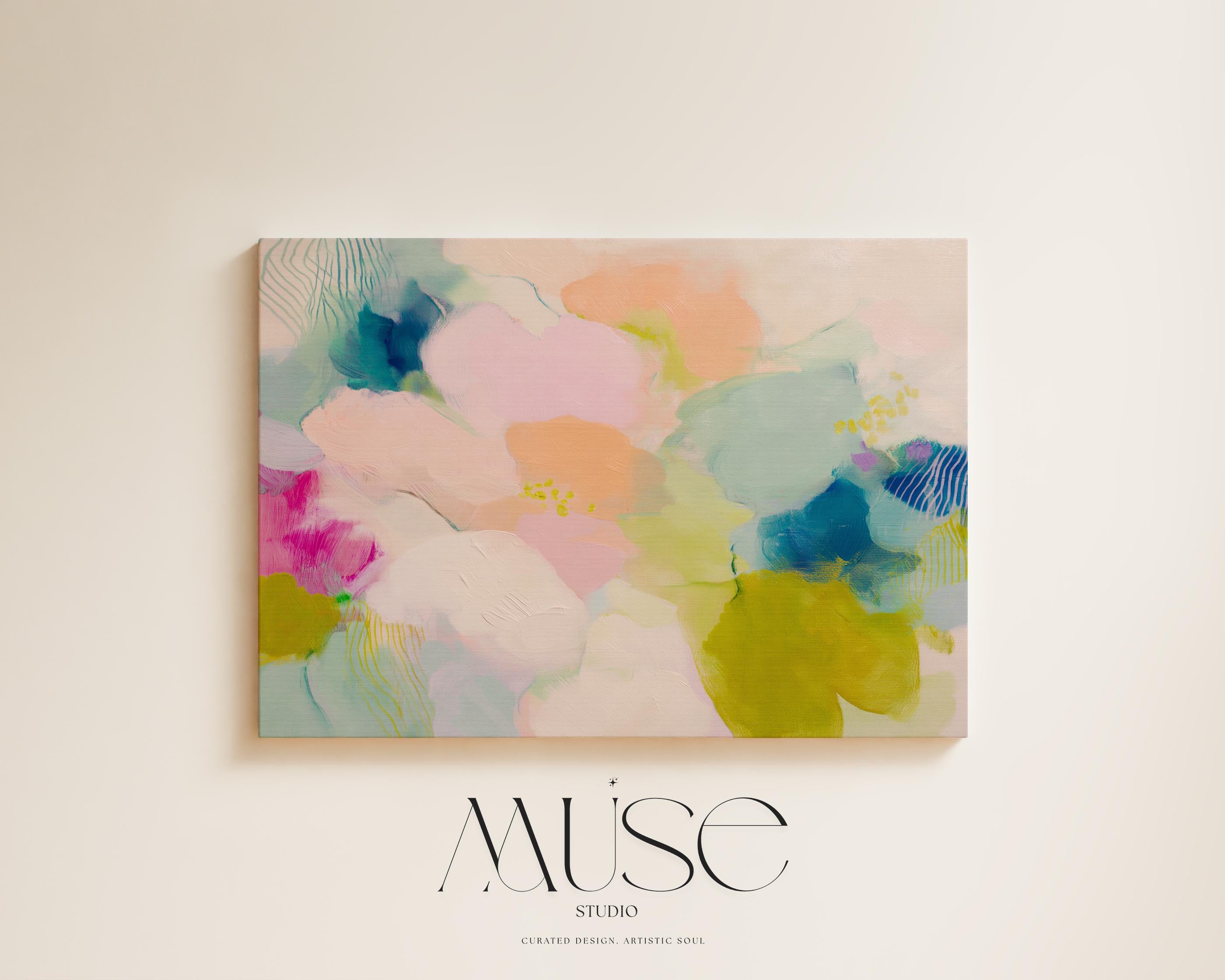 Large Floral Abstract Canvas Wall Art in Blush Pink, Apricot Peach, Sage Green and Teal Pastel · Square Framed Canvas Wall Art for Bedroom, Living Room or Home Office · Colorful Modern Wall Decor on Premium Artist Canvas with Museum-Grade Giclée Inks · Oversized Statement Abstract Painting Ready to Hang · Muse Studio Petal Rhapsody 1045