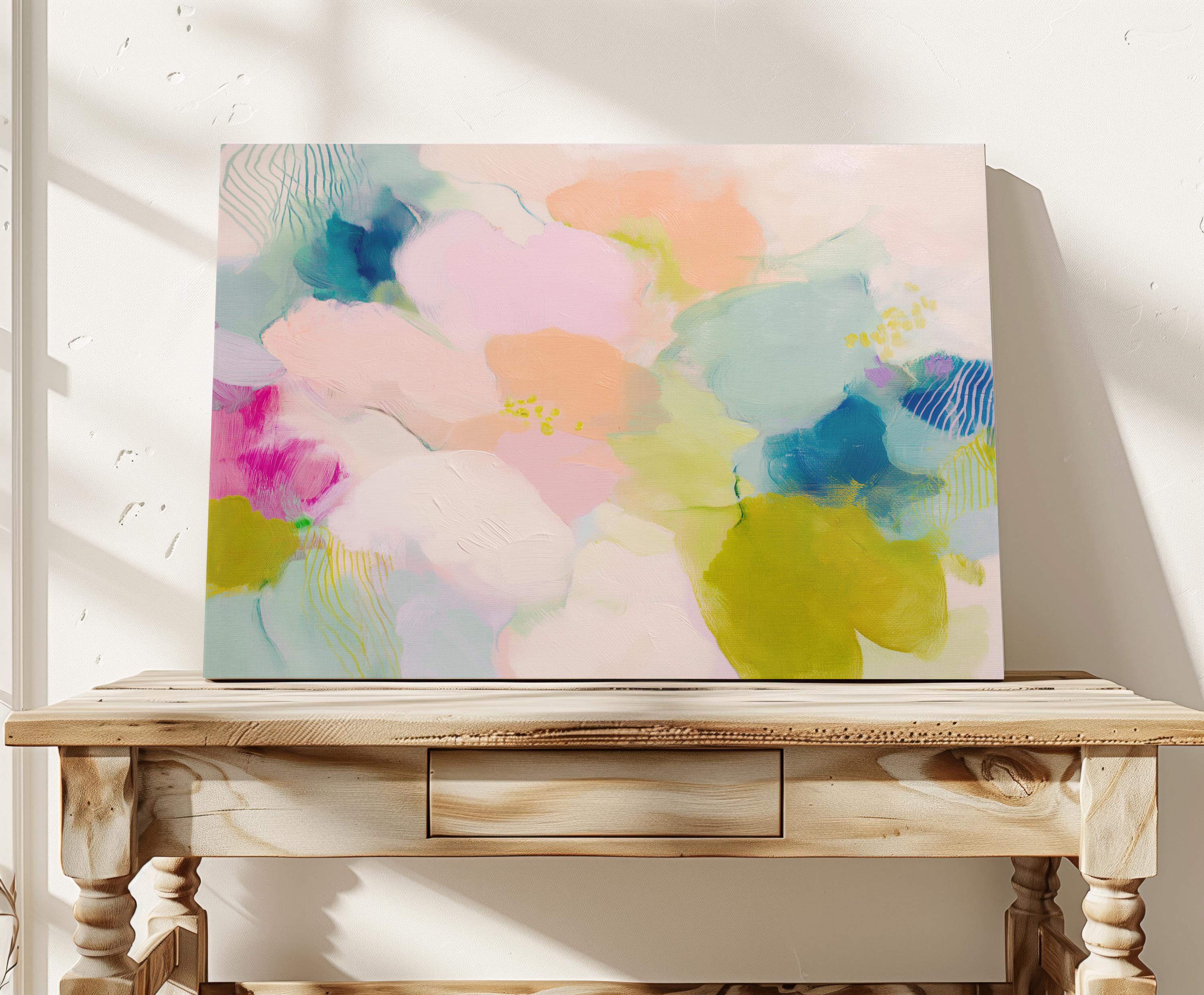 Muse Studio large floral abstract canvas wall art in blush pink, apricot peach, pale sage, muted teal, and soft chartreuse, created on premium artist canvas with museum-grade giclée inks, designed for bright bedrooms, creative home offices, and relaxed living room interiors.