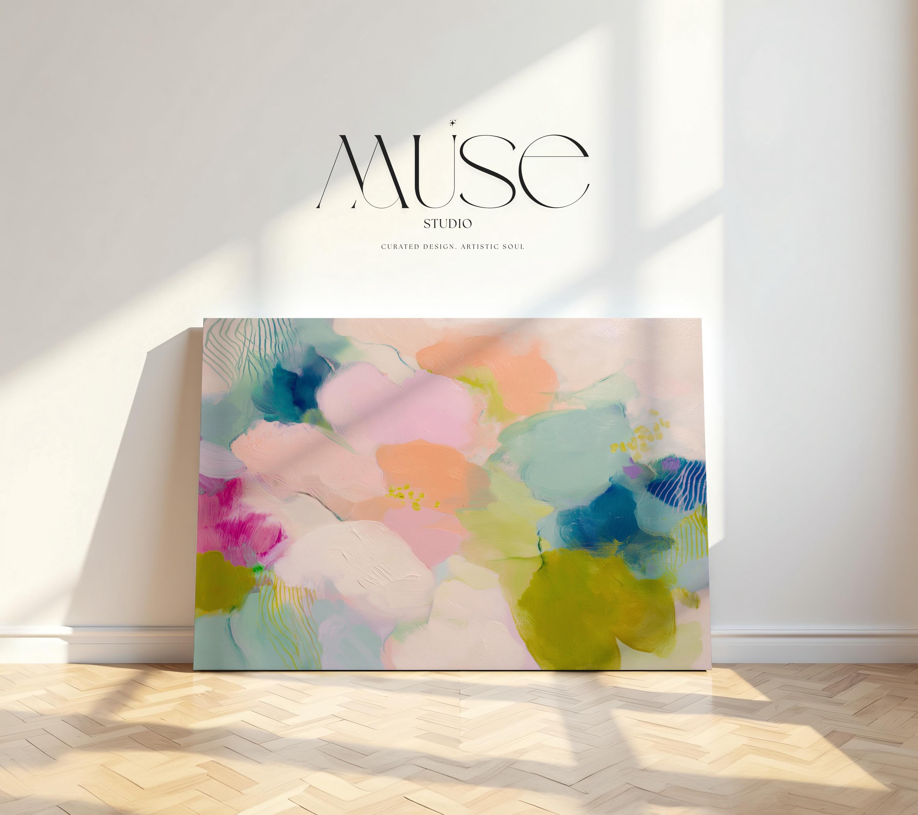 Muse Studio large floral abstract canvas wall art in blush pink, apricot peach, pale sage, muted teal, and soft chartreuse, created on premium artist canvas with museum-grade giclée inks, designed for bright bedrooms, creative home offices, and relaxed living room interiors.