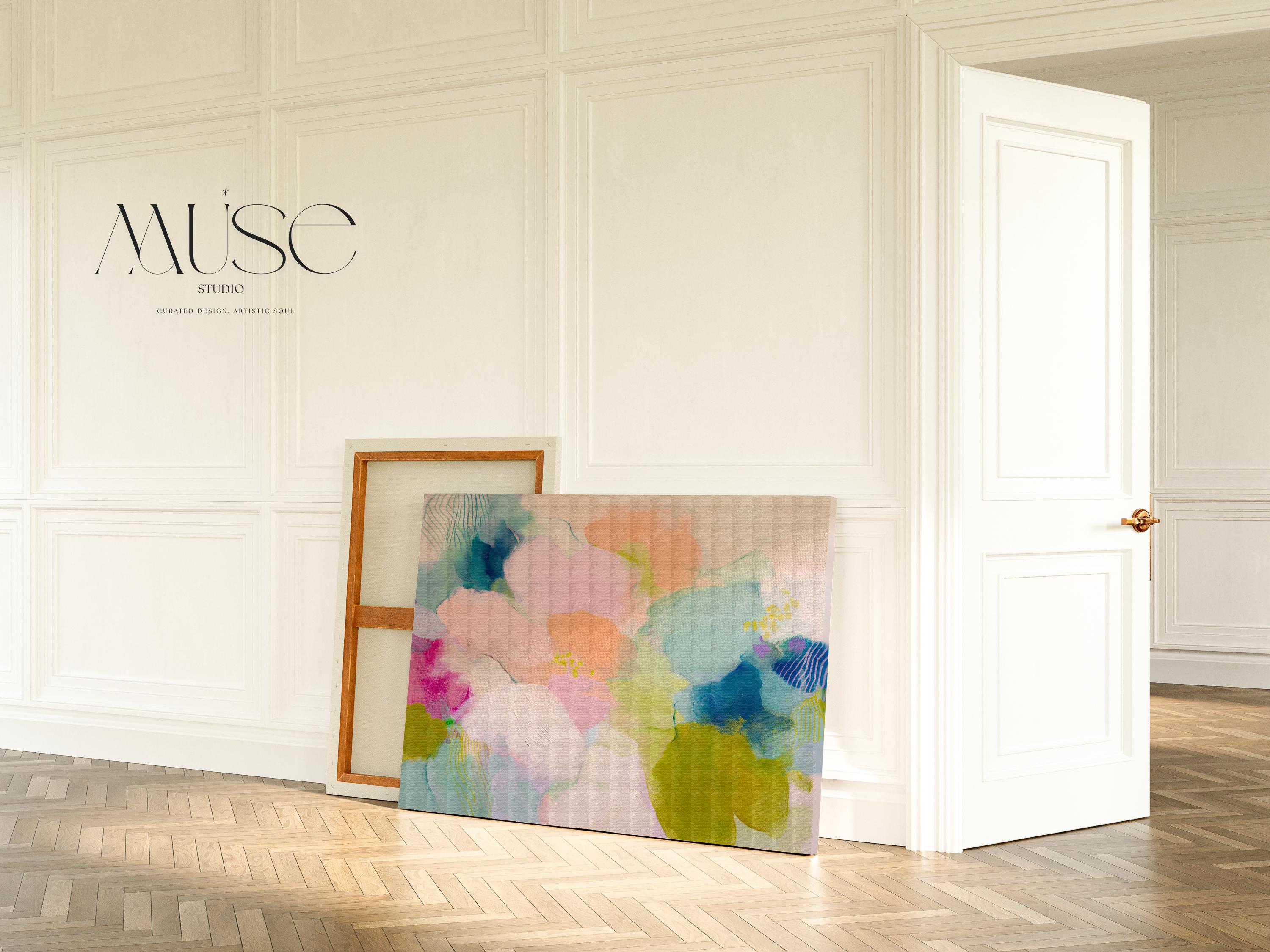 Muse Studio large floral abstract canvas wall art in blush pink, apricot peach, pale sage, muted teal, and soft chartreuse, created on premium artist canvas with museum-grade giclée inks, designed for bright bedrooms, creative home offices, and relaxed living room interiors.