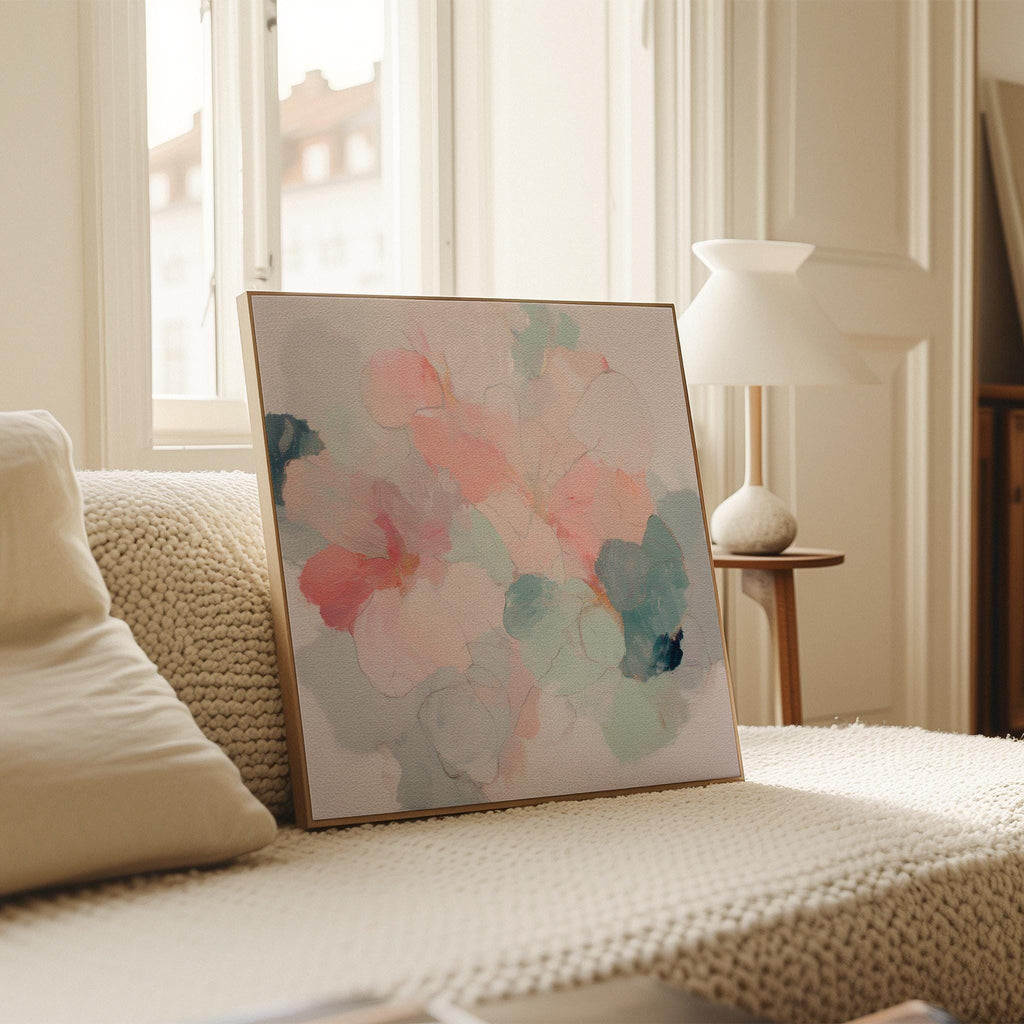 Muse Studio large framed floral abstract wall art created with soft blush and sage tones, produced on premium artist-grade canvas with museum-grade giclée inks and set in a solid wood float frame, styled for an Organic Transitional bedroom interior.