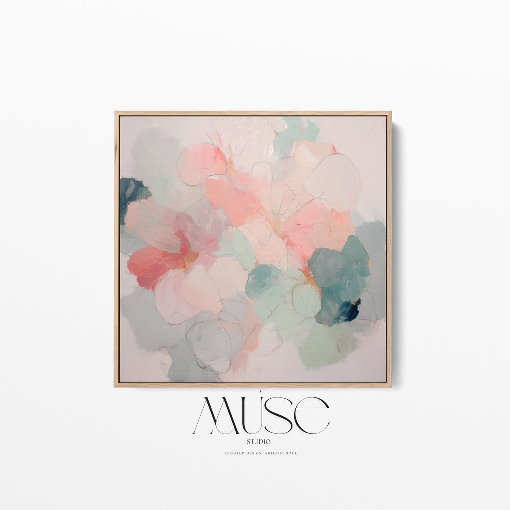 Muse Studio large framed floral abstract wall art created with soft blush and sage tones, produced on premium artist-grade canvas with museum-grade giclée inks and set in a solid wood float frame, styled for an Organic Transitional bedroom interior.