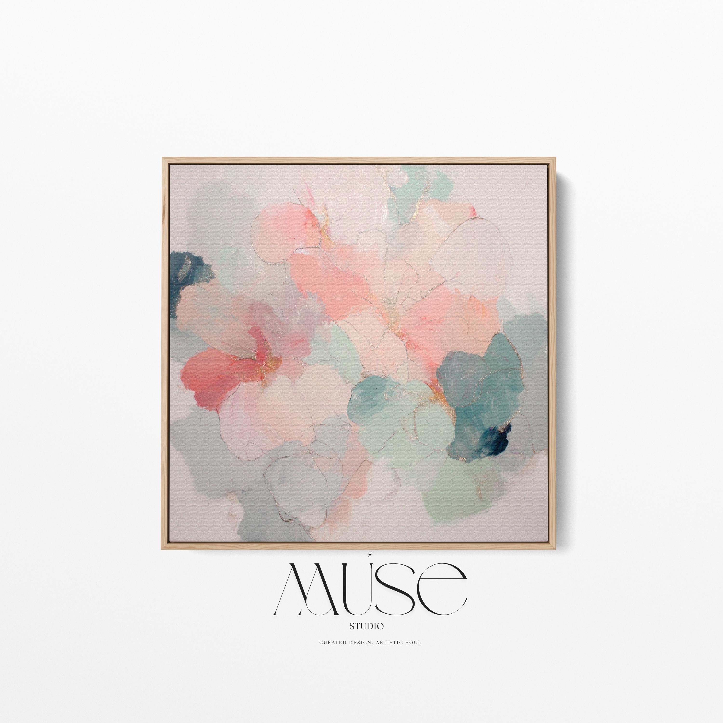 Muse Studio large framed floral abstract wall art created with soft blush and sage tones, produced on premium artist-grade canvas with museum-grade giclée inks and set in a solid wood float frame, styled for an Organic Transitional bedroom interior.