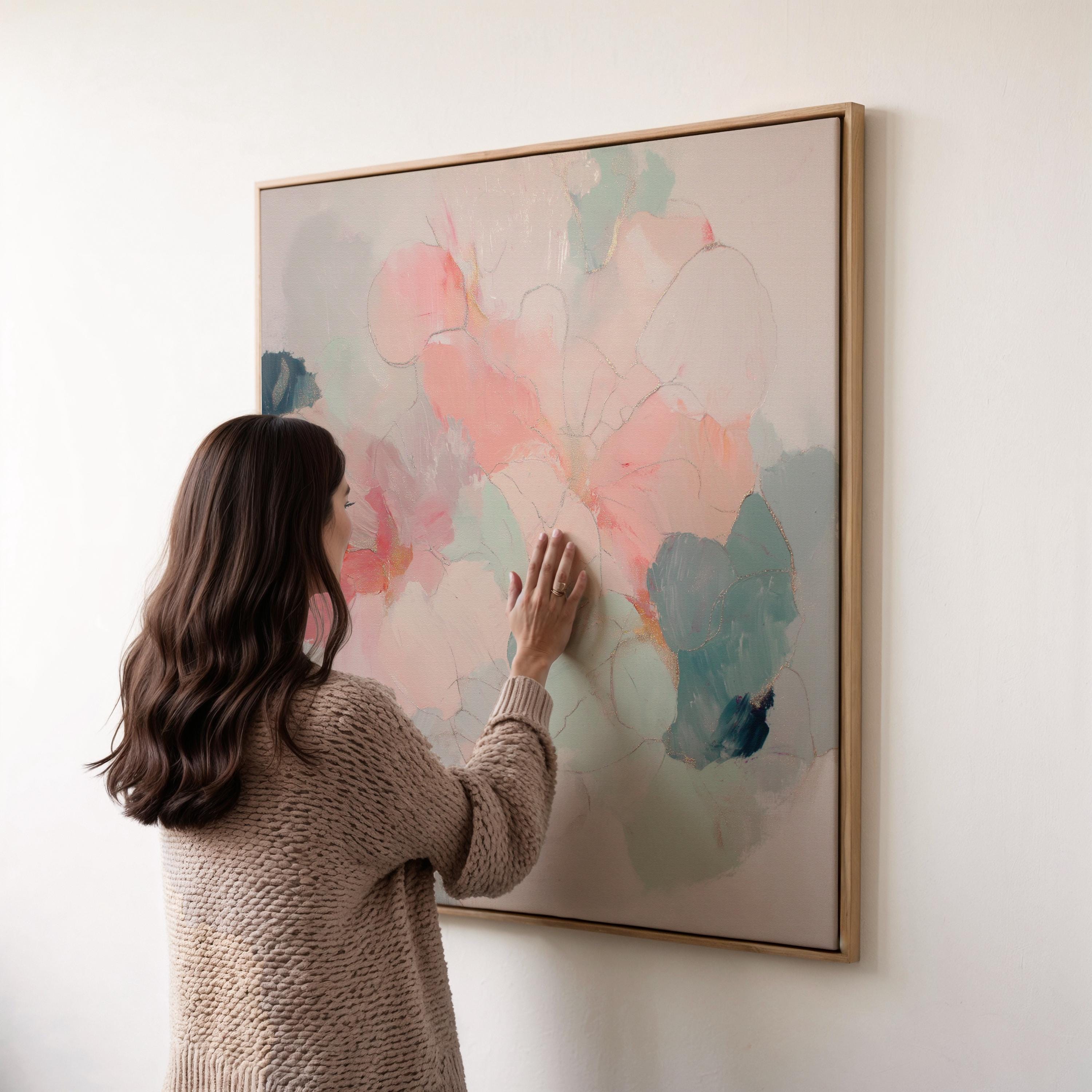 Muse Studio large framed floral abstract wall art created with soft blush and sage tones, produced on premium artist-grade canvas with museum-grade giclée inks and set in a solid wood float frame, styled for an Organic Transitional bedroom interior.
