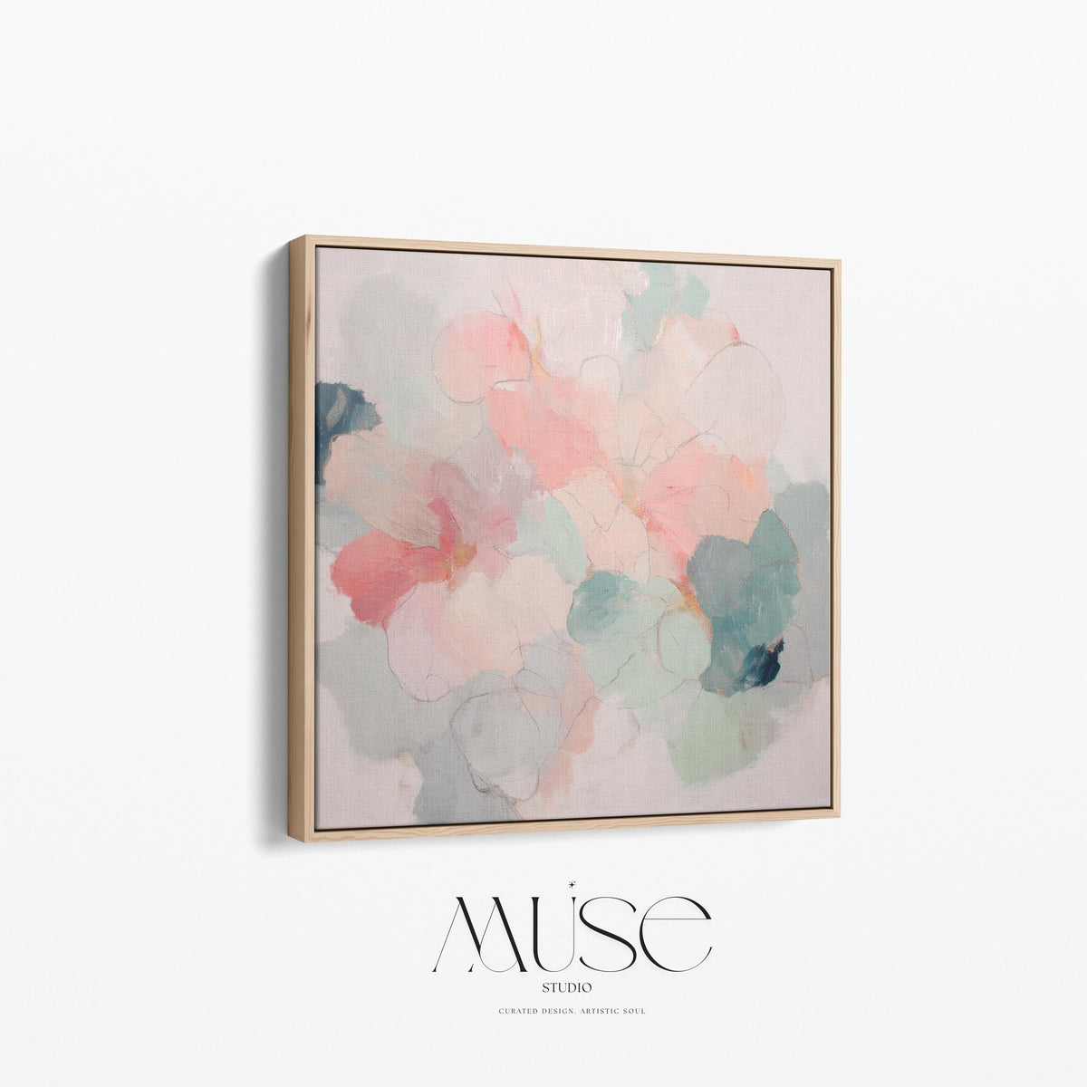 Muse Studio large framed floral abstract wall art created with soft blush and sage tones, produced on premium artist-grade canvas with museum-grade giclée inks and set in a solid wood float frame, styled for an Organic Transitional bedroom interior.
