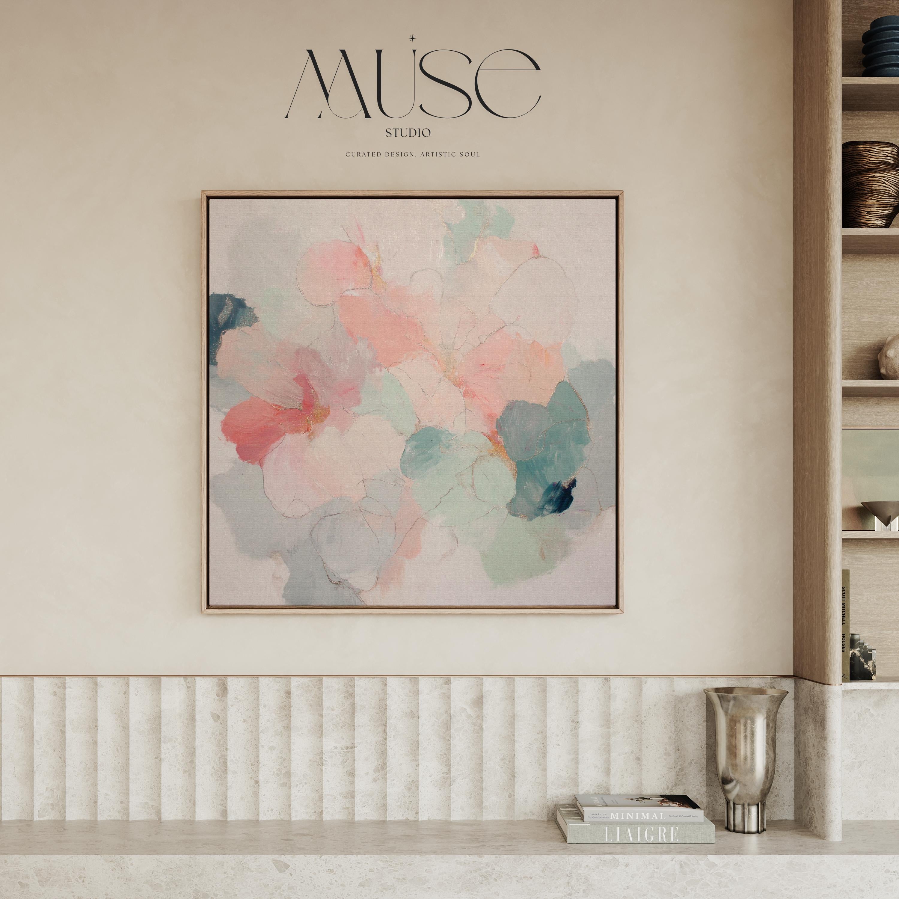 Muse Studio large framed floral abstract wall art created with soft blush and sage tones, produced on premium artist-grade canvas with museum-grade giclée inks and set in a solid wood float frame, styled for an Organic Transitional bedroom interior.