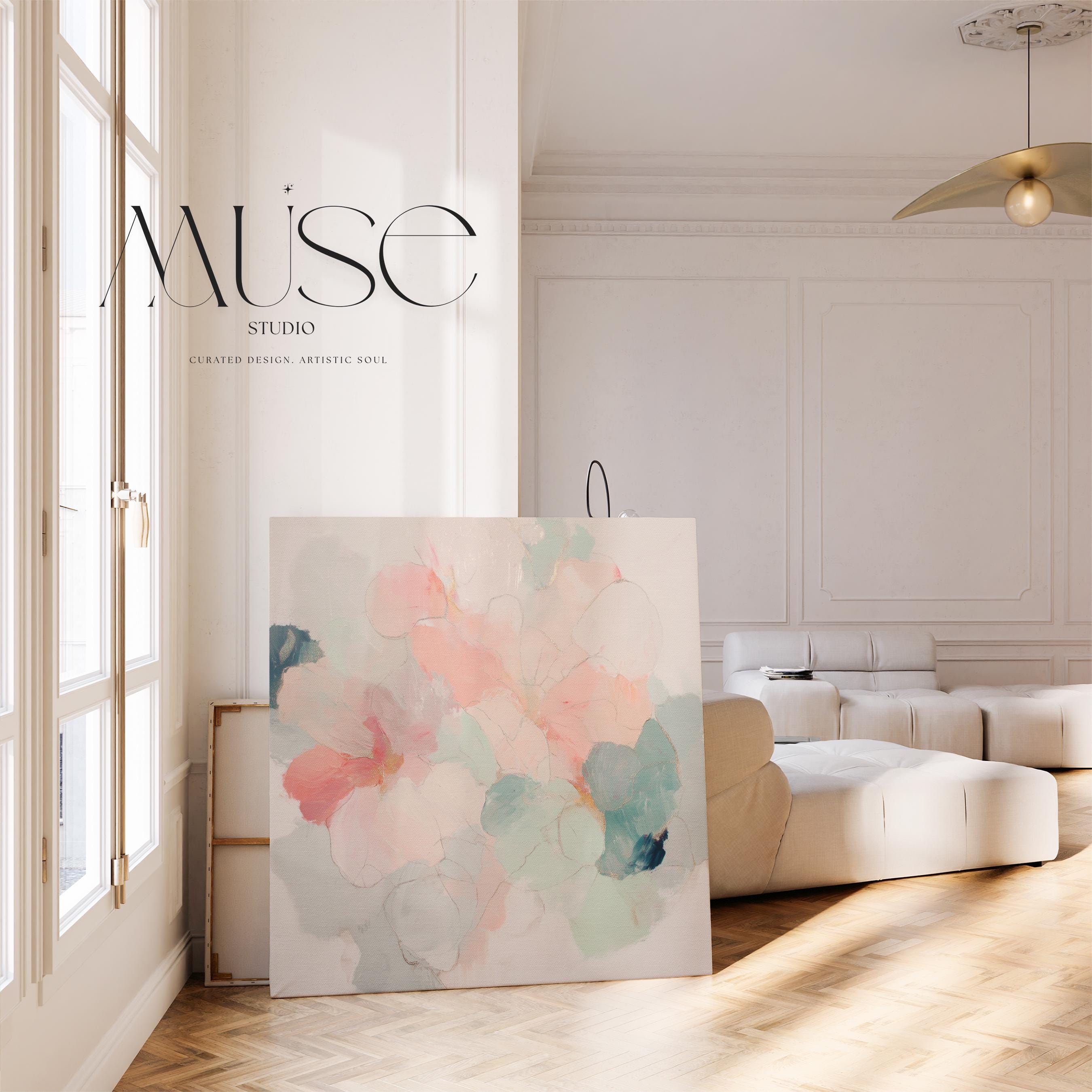 Muse Studio large square floral abstract canvas wall art in blush and sage, printed with museum-grade giclée inks on premium gallery-wrapped artist canvas, designed for Organic Transitional living room or bedroom placement.