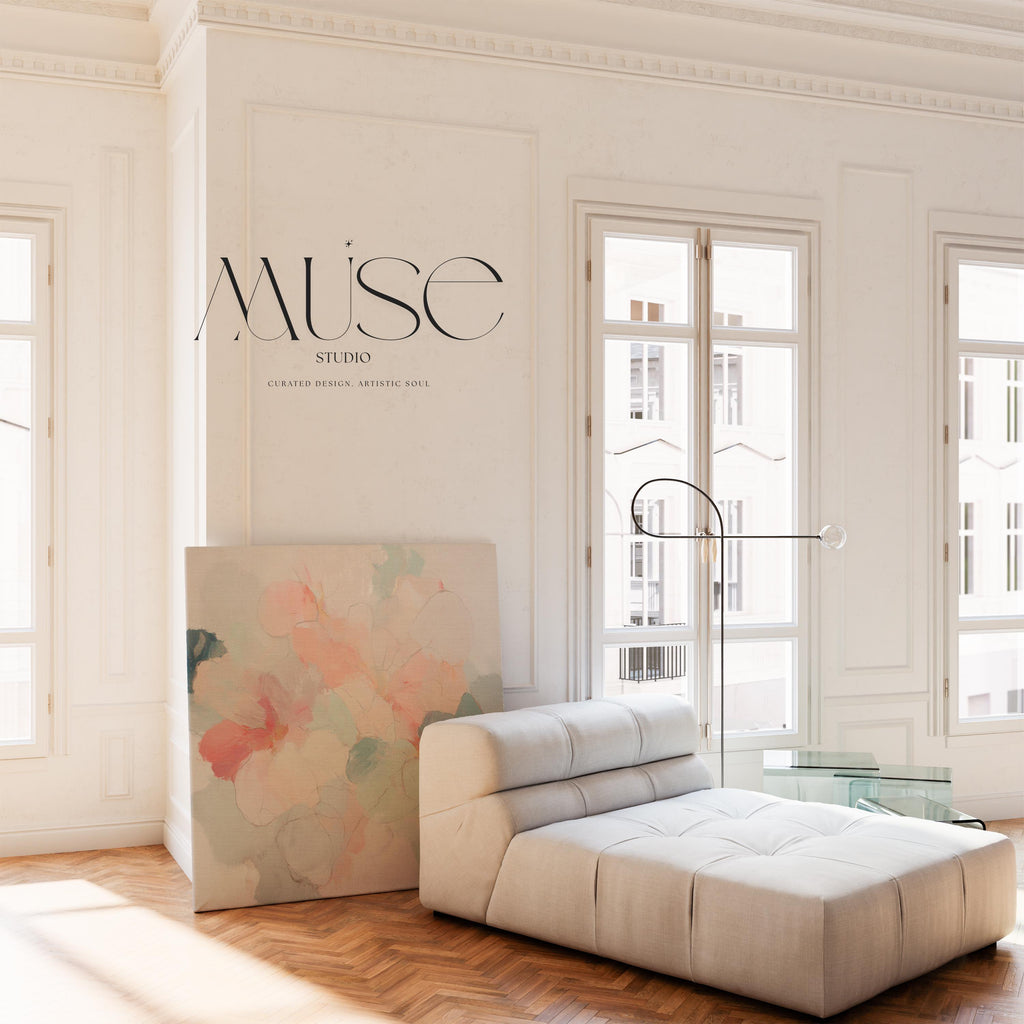 Muse Studio large square floral abstract canvas wall art in blush and sage, printed with museum-grade giclée inks on premium gallery-wrapped artist canvas, designed for Organic Transitional living room or bedroom placement.