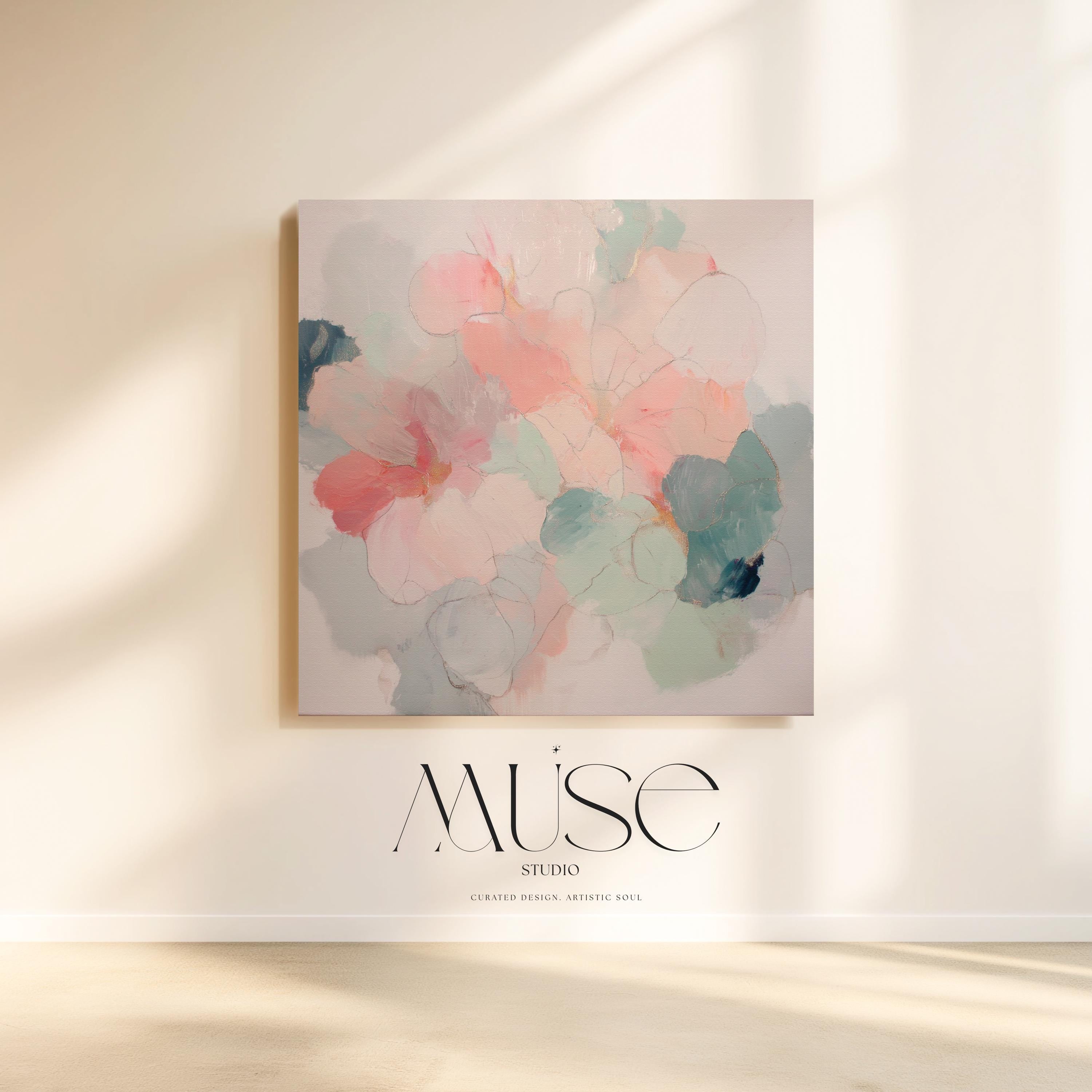 Muse Studio large square floral abstract canvas wall art in blush and sage, printed with museum-grade giclée inks on premium gallery-wrapped artist canvas, designed for Organic pastel serene living room or bedroom placement.