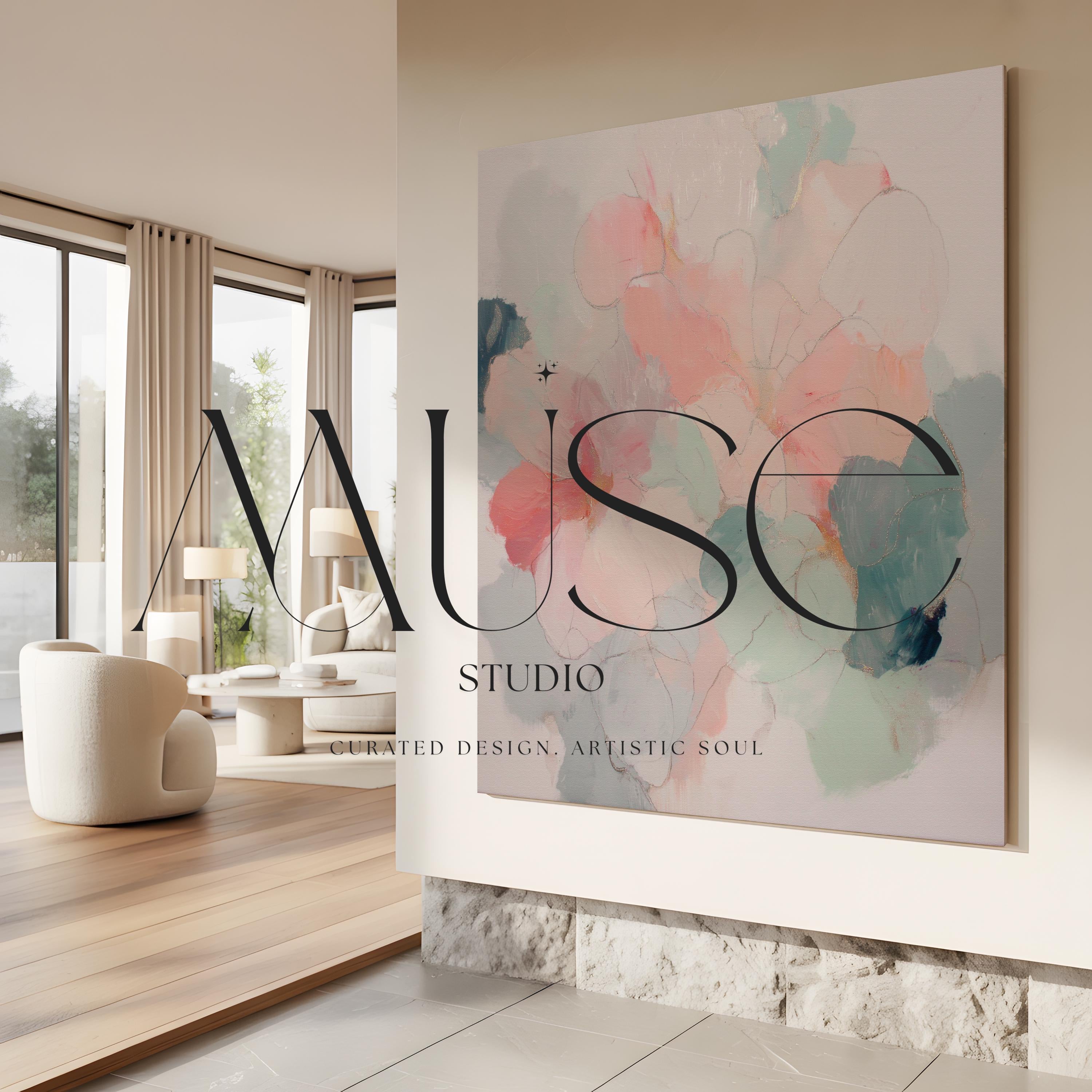 Muse Studio large square floral abstract canvas wall art in blush and sage, printed with museum-grade giclée inks on premium gallery-wrapped artist canvas, designed for Organic Transitional living room or bedroom placement.