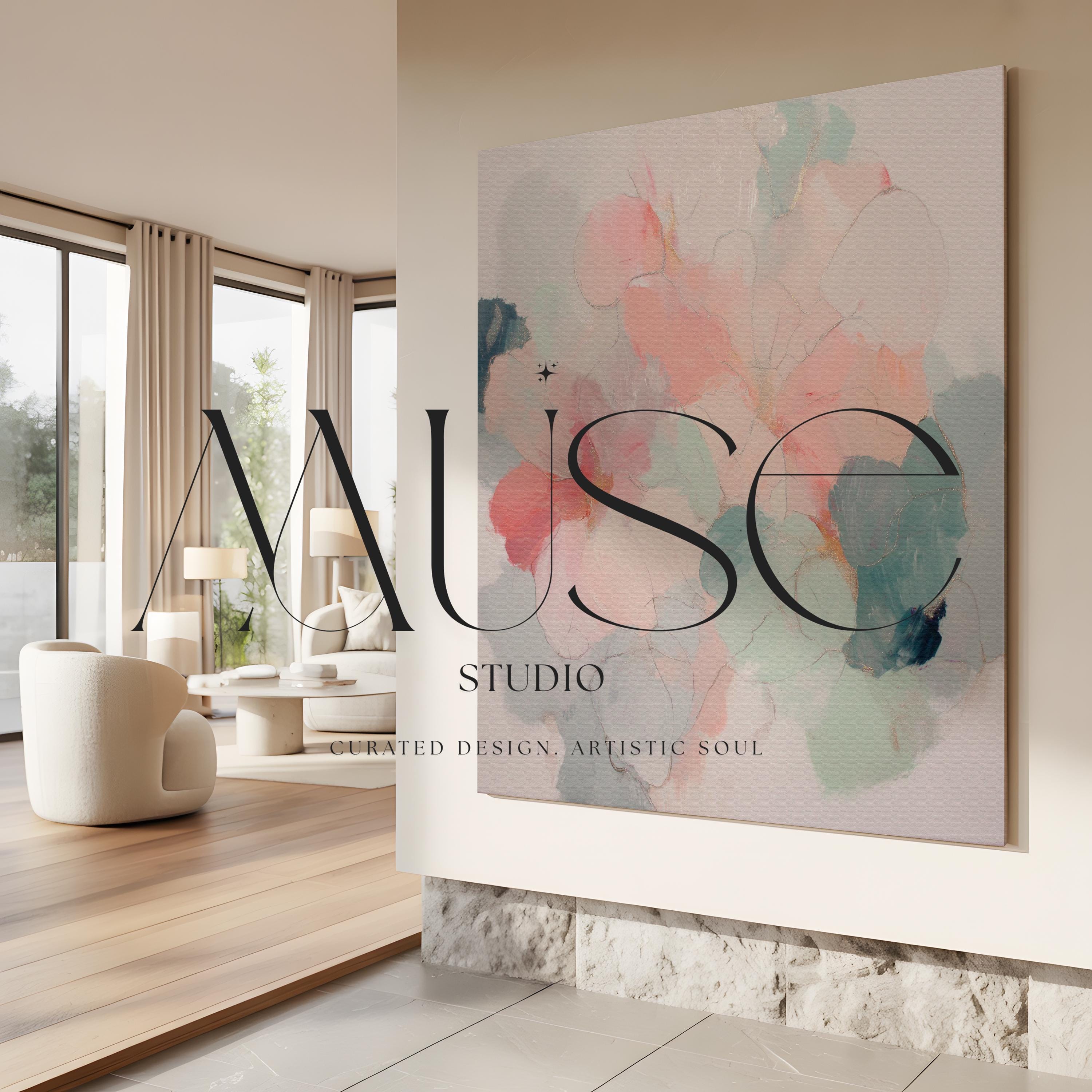 Muse Studio large square floral abstract canvas wall art in blush and sage, printed with museum-grade giclée inks on premium gallery-wrapped artist canvas, designed for Organic Transitional living room or bedroom placement.