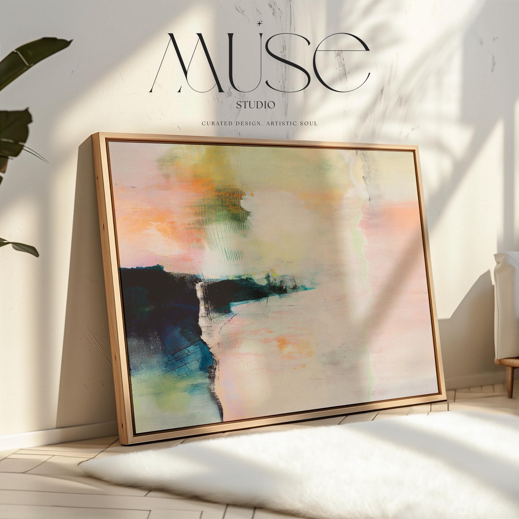 Muse Studio large neutral abstract wall art featuring soft beige, warm ivory, muted taupe, and pale blush in a minimalist pastel composition, created on premium gallery-wrapped artist canvas with museum-grade giclée inks, available framed in solid wood, styled for warm minimal living rooms, serene bedrooms, and modern office interiors.