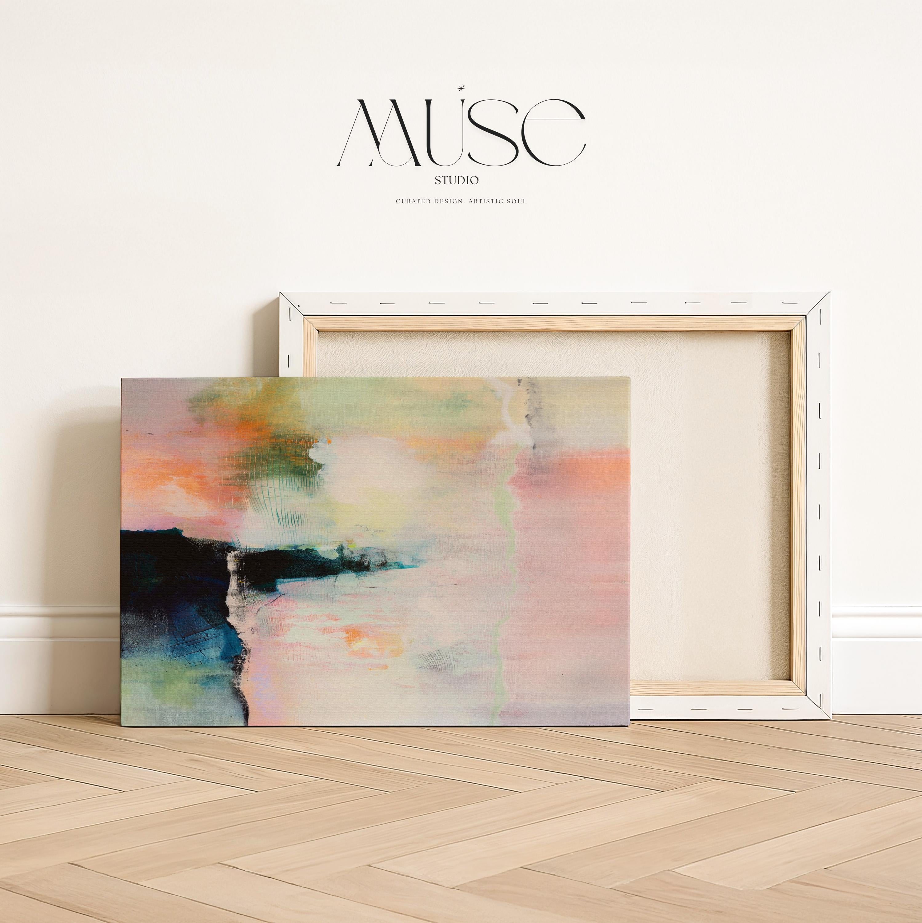 Muse Studio large neutral abstract wall art featuring soft beige, warm ivory, muted taupe, and pale blush in a minimalist pastel composition, created on premium gallery-wrapped artist canvas with museum-grade giclée inks, available framed in solid wood, styled for warm minimal living rooms, serene bedrooms, and modern office interiors.