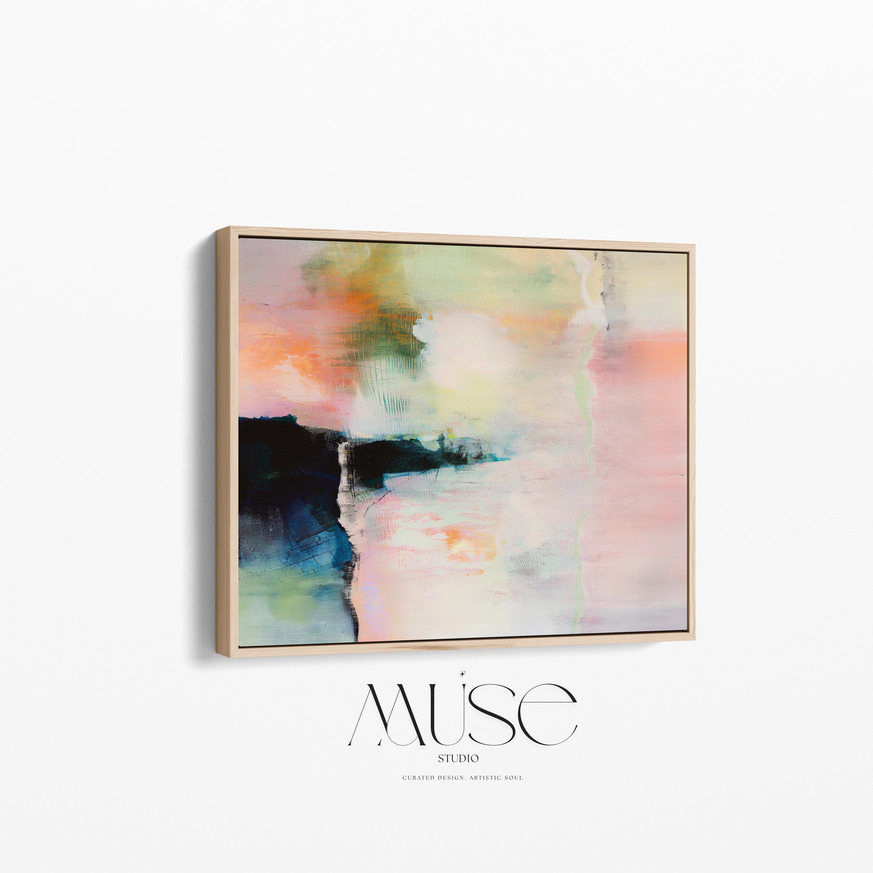 Muse Studio large neutral abstract wall art featuring soft beige, warm ivory, muted taupe, and pale blush in a minimalist pastel composition, created on premium gallery-wrapped artist canvas with museum-grade giclée inks, available framed in solid wood, styled for warm minimal living rooms, serene bedrooms, and modern office interiors.