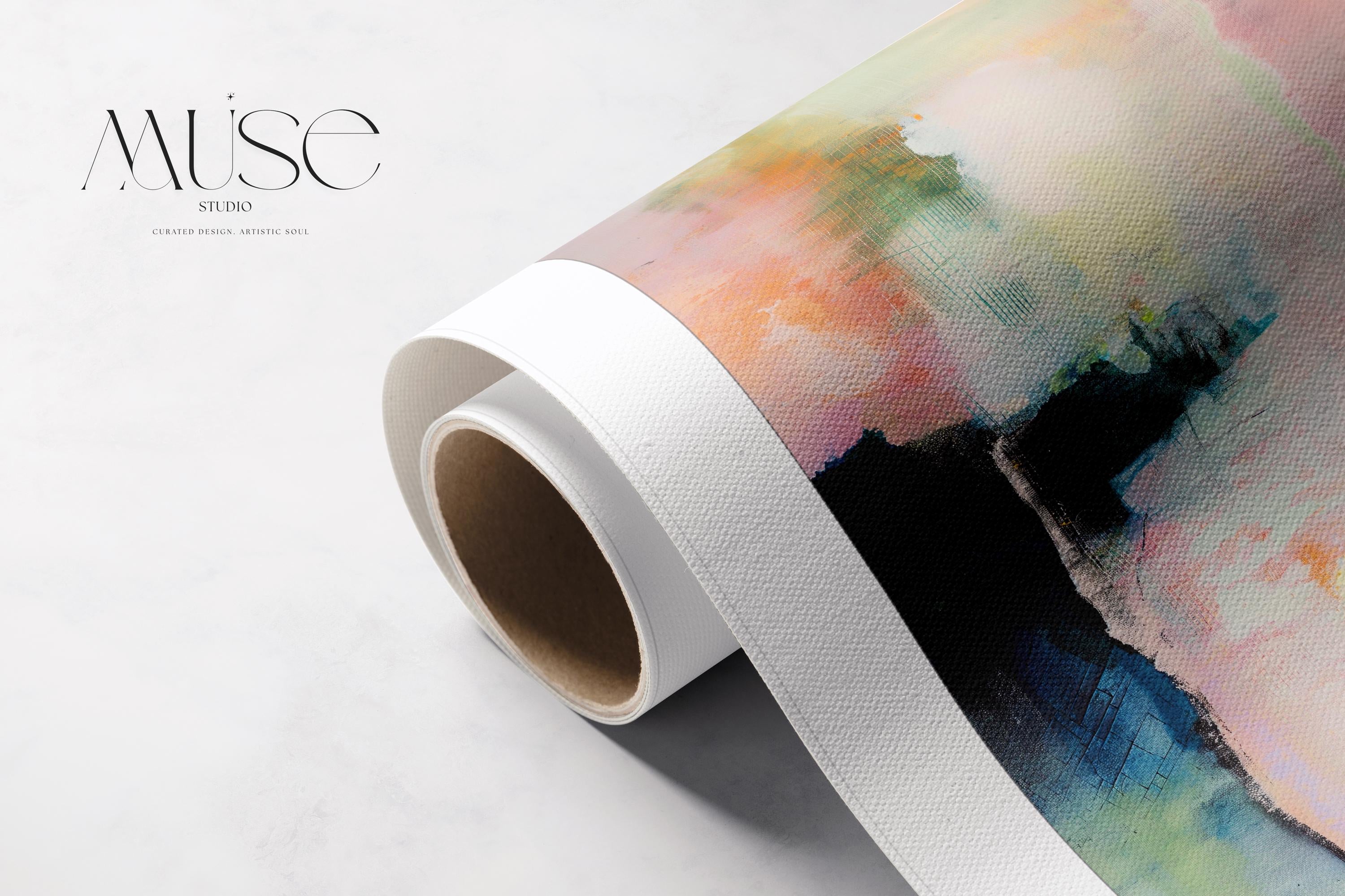 Muse Studio large neutral abstract wall art featuring soft beige, warm ivory, muted taupe, and pale blush in a minimalist pastel composition, created on premium gallery-wrapped artist canvas with museum-grade giclée inks, available framed in solid wood, styled for warm minimal living rooms, serene bedrooms, and modern office interiors.