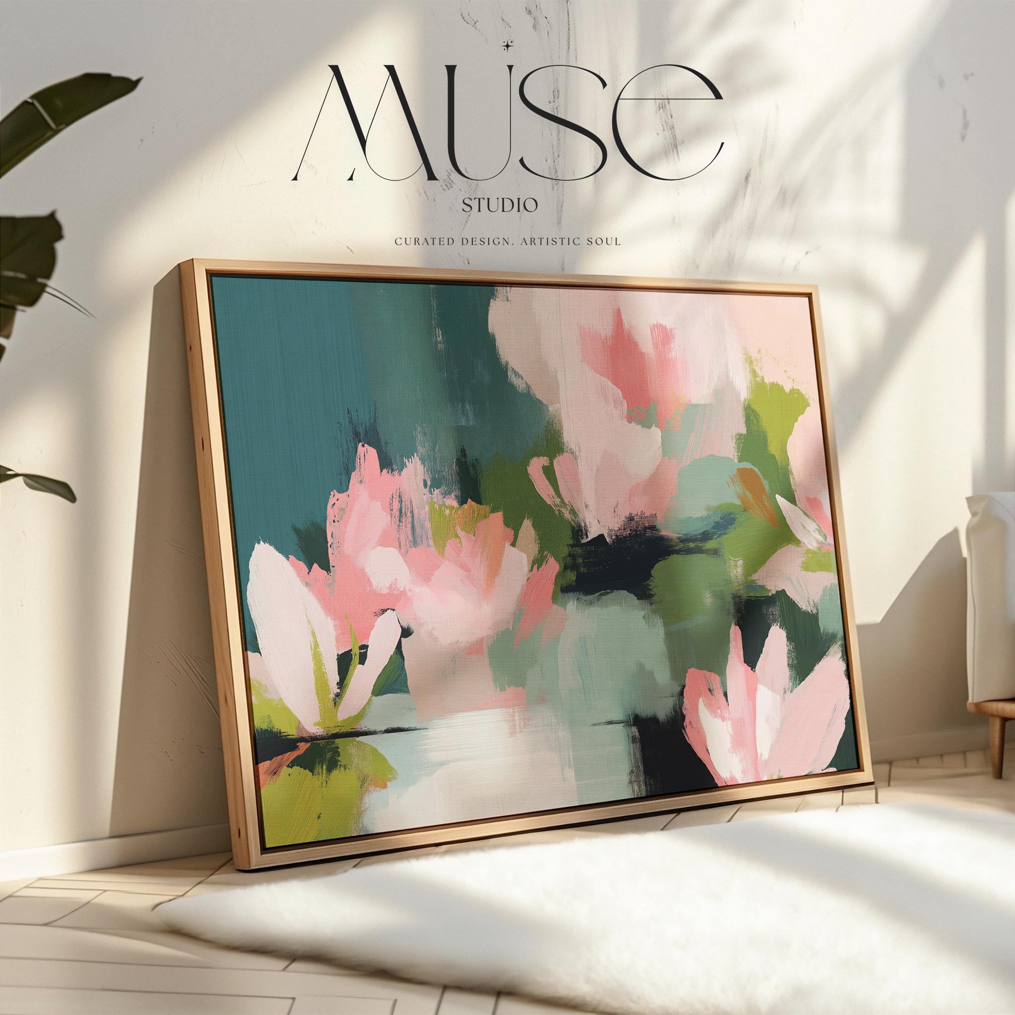 Muse Studio large horizontal floral abstract wall art in spring green, blush pink, and deep teal on museum-grade gallery-wrapped artist canvas, framed in solid wood, styled above a linen sofa in an Organic Transitional living room with Romantic Botanical influence.